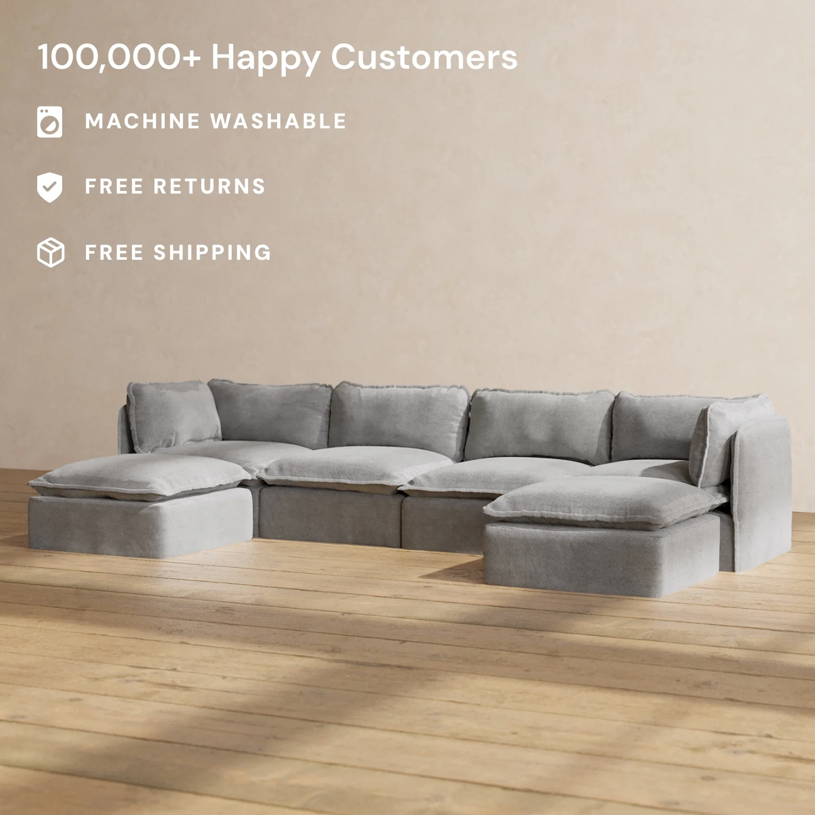 Modular Washable 4-Seater U-Sectional in Ash | Deluxe+ Seat | Cloud Pillow - Image 2