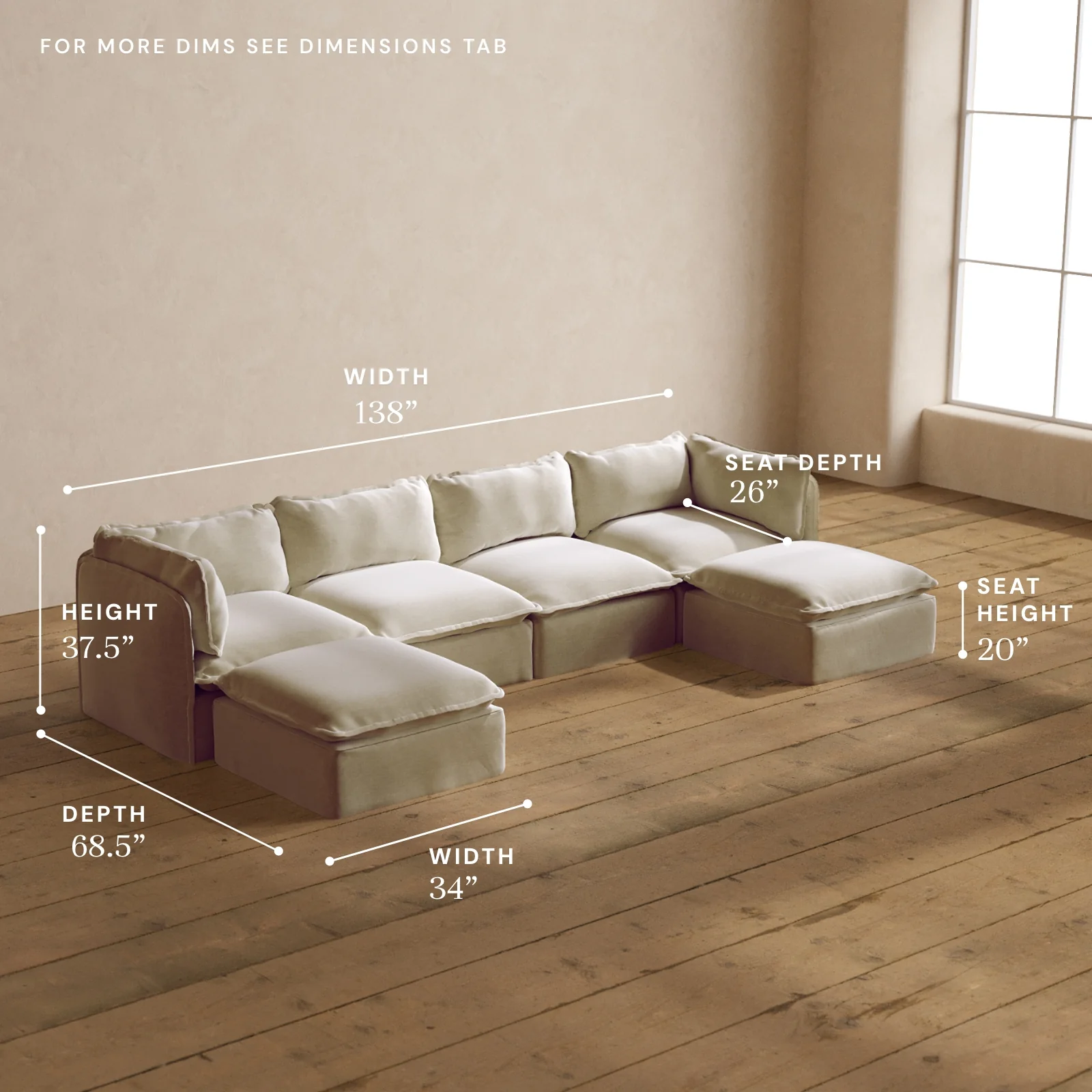 Modular Washable 4-Seater U-Sectional in Coco | Deluxe+ Seat | Cloud Pillow - Image 5