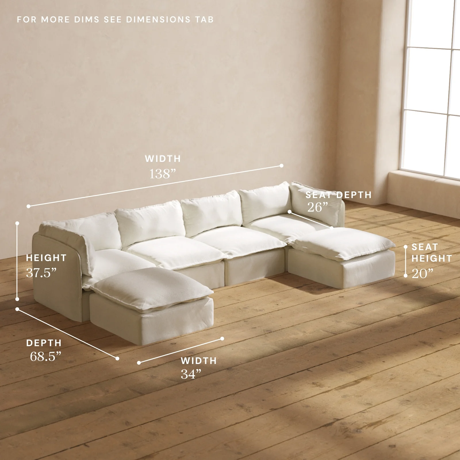 Modular Washable 4-Seater U-Sectional in Eggshell | Deluxe+ Seat | Cloud Pillow - Image 5