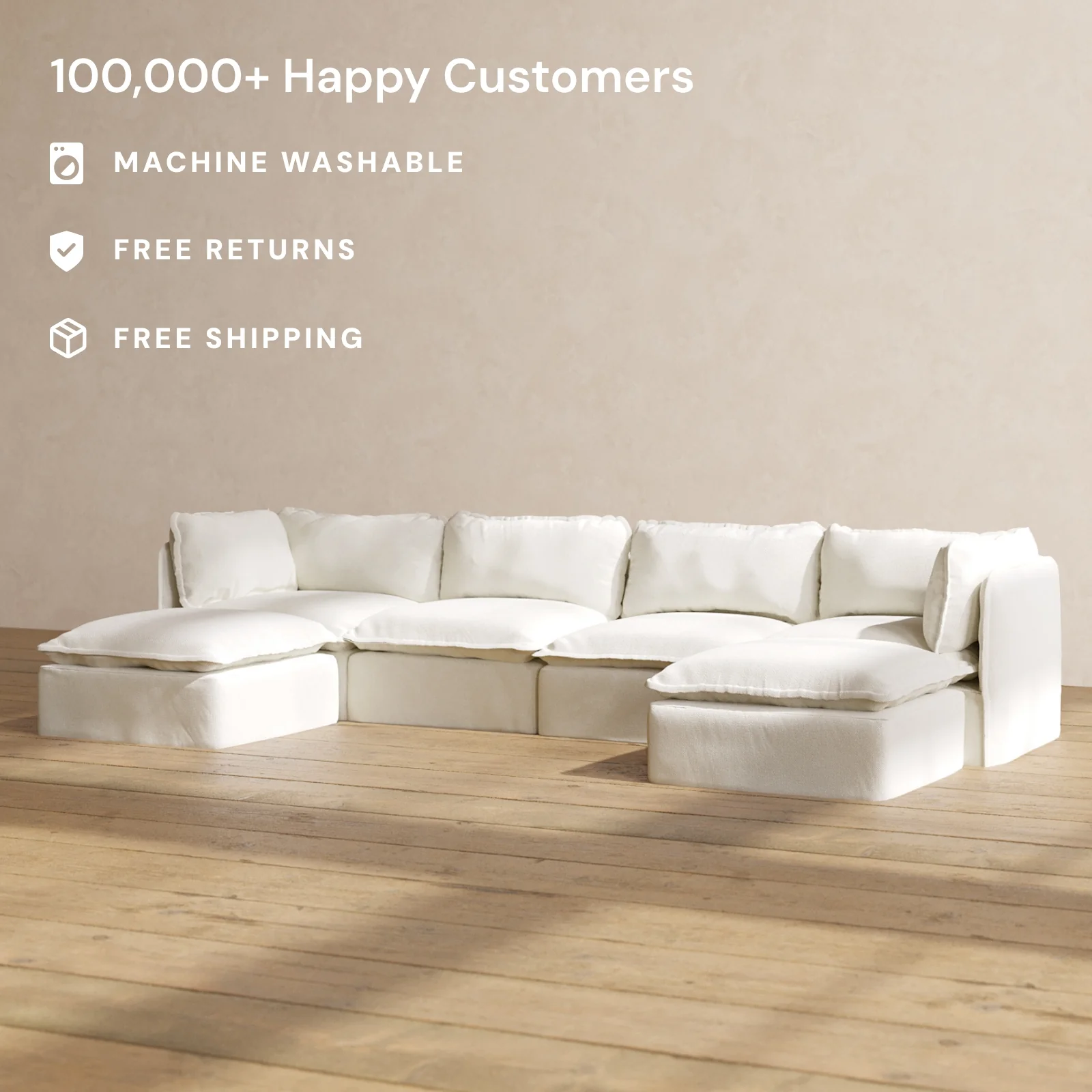 Modular Washable 4-Seater U-Sectional in Eggshell | Memorix+ Seat | Contour Pillow - Image 2