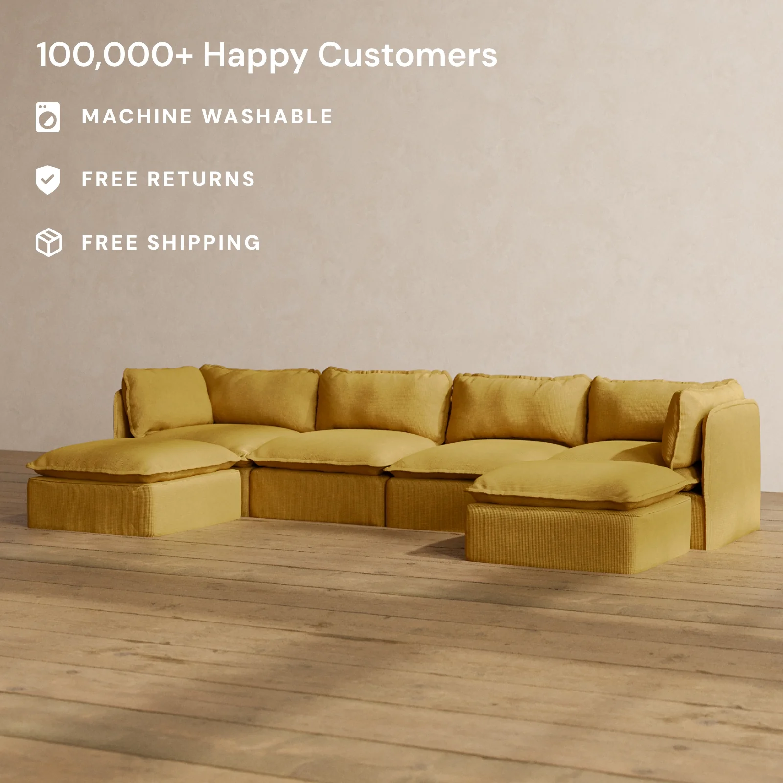 Modular Washable 4-Seater U-Sectional in Kiiro | Memorix+ Seat | Contour Pillow - Image 2