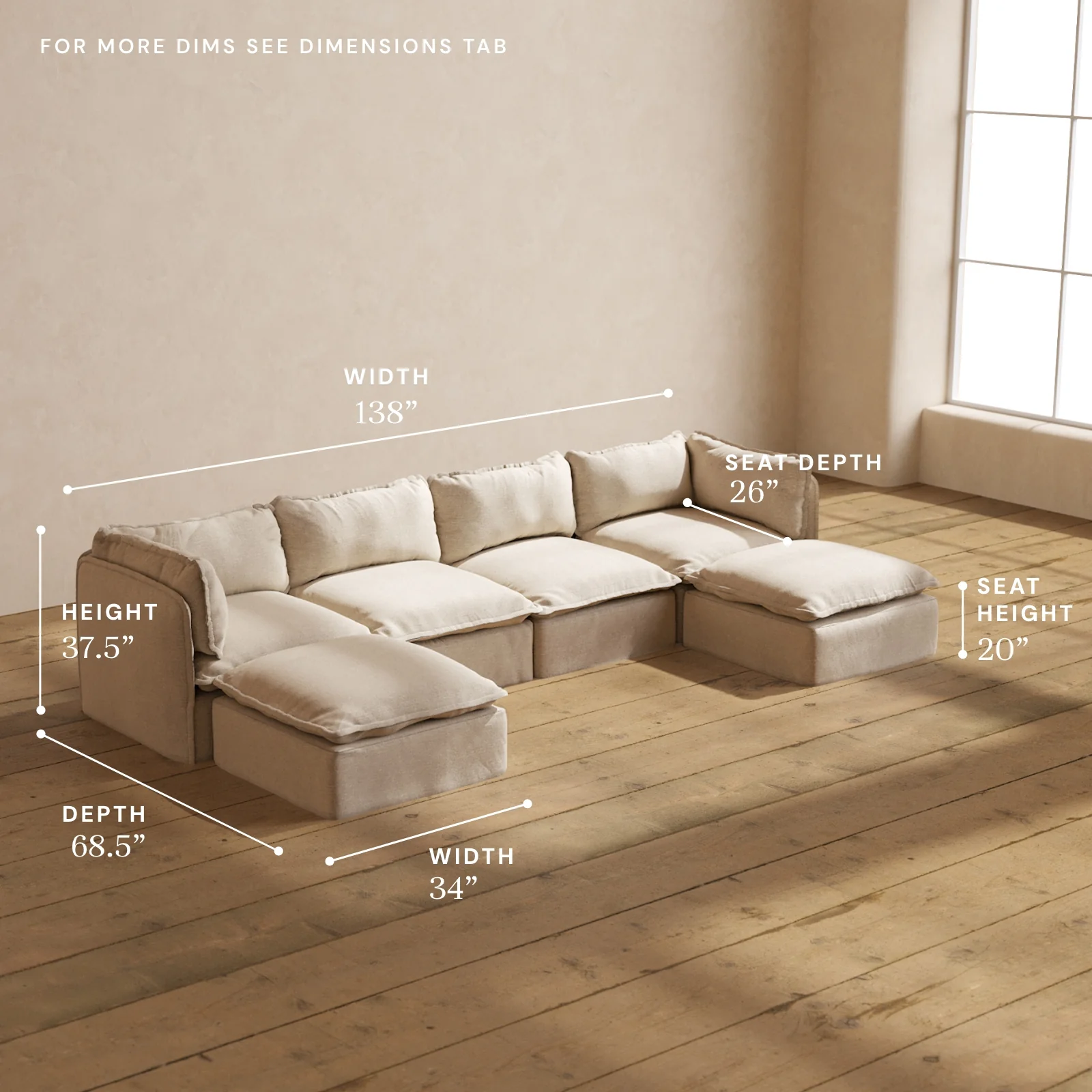 Modular Washable 4-Seater U-Sectional in Oat | Deluxe+ Seat | Cloud Pillow - Image 5