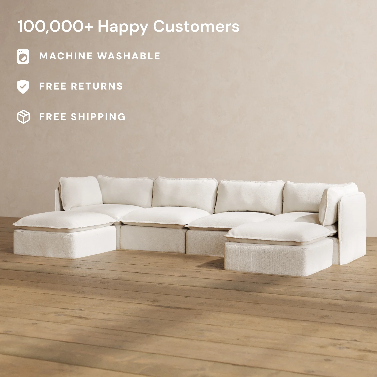 Modular Washable 4-Seater U-Sectional in Powder | Deluxe+ Seat | Cloud Pillow - Image 2
