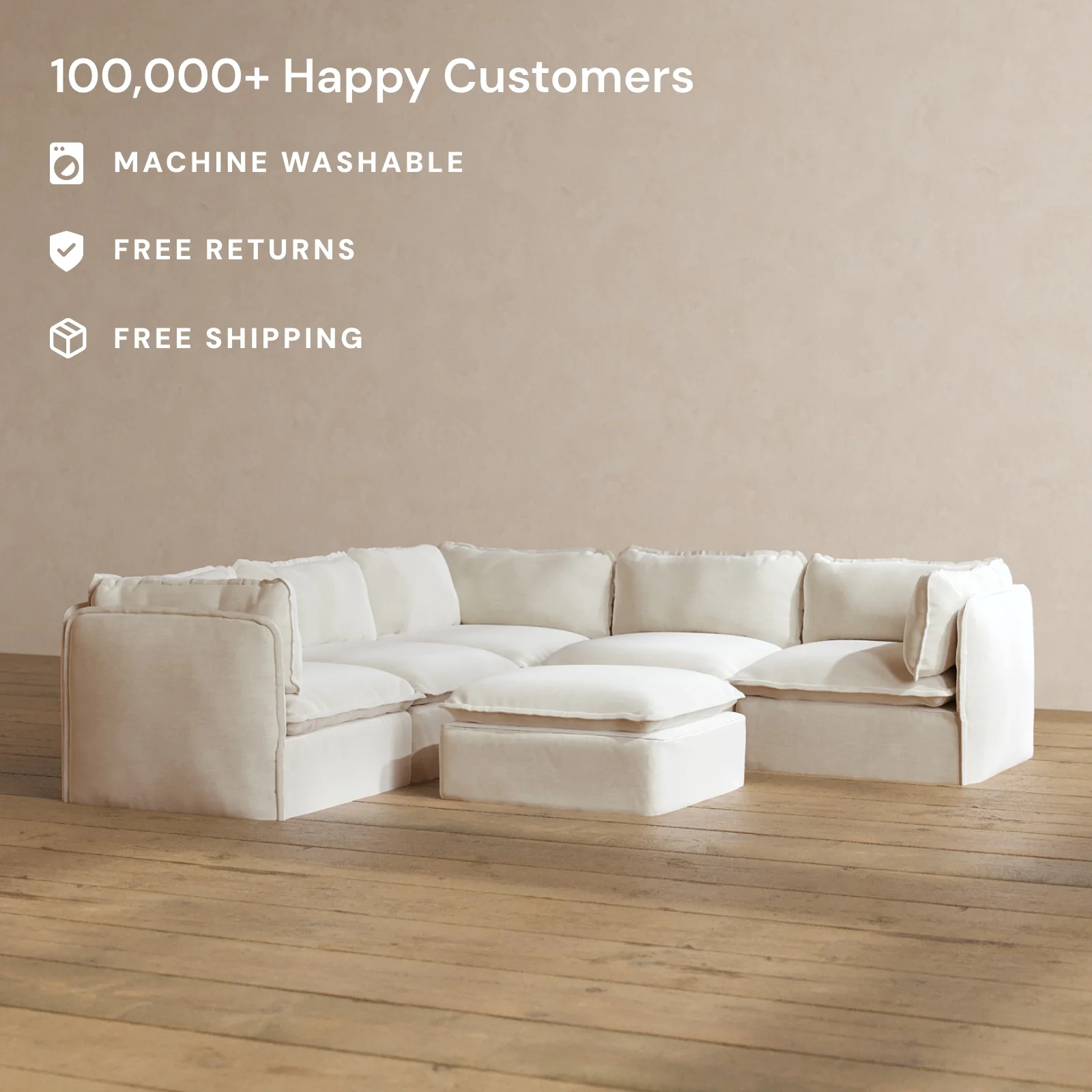 Modular Washable 5-Seater Corner Sectional + Ottoman in Coco | Deluxe+ Seat | Cloud Pillow - Image 2