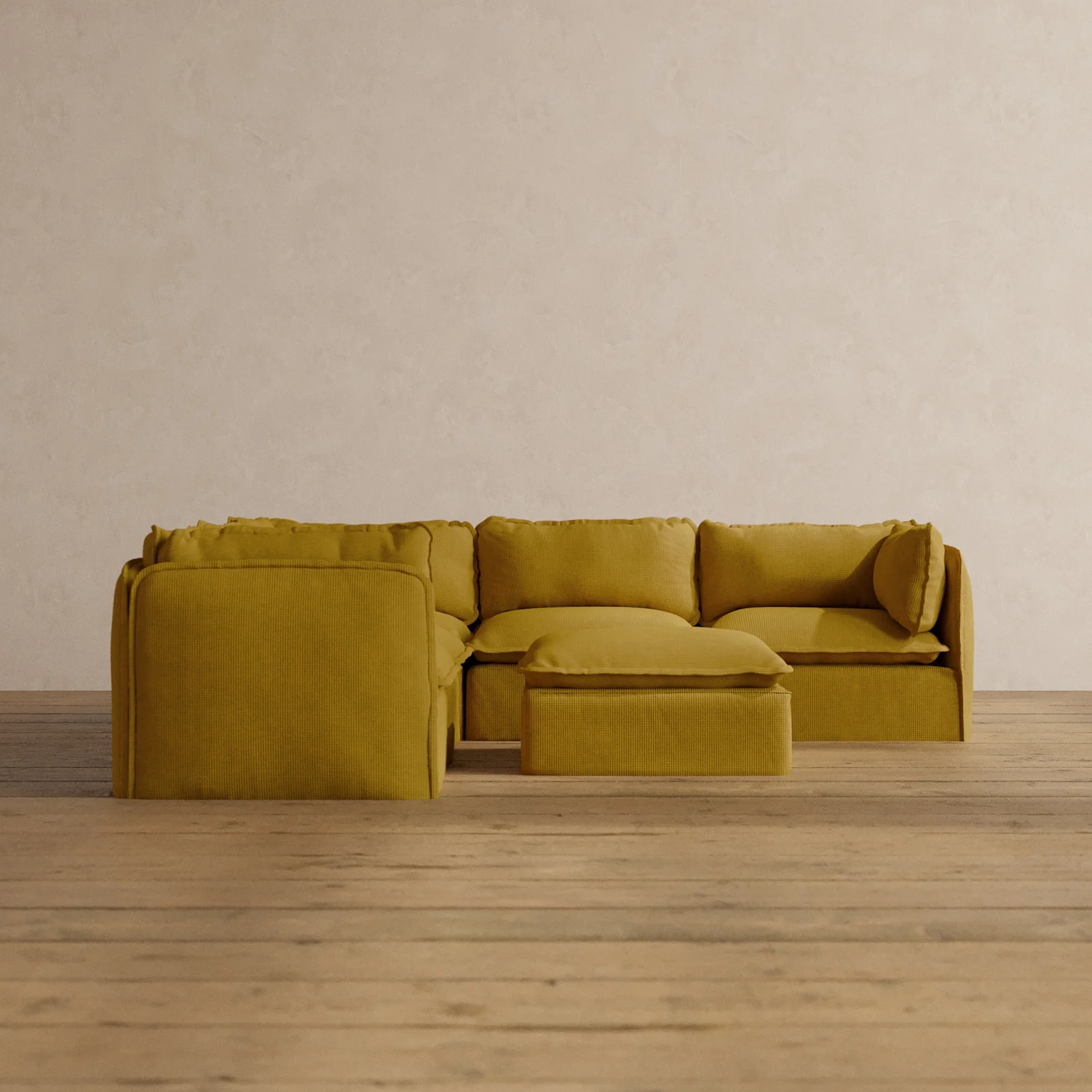 Modular Washable 5-Seater Corner Sectional + Ottoman in Kiiro | Memorix+ Seat | Contour Pillow