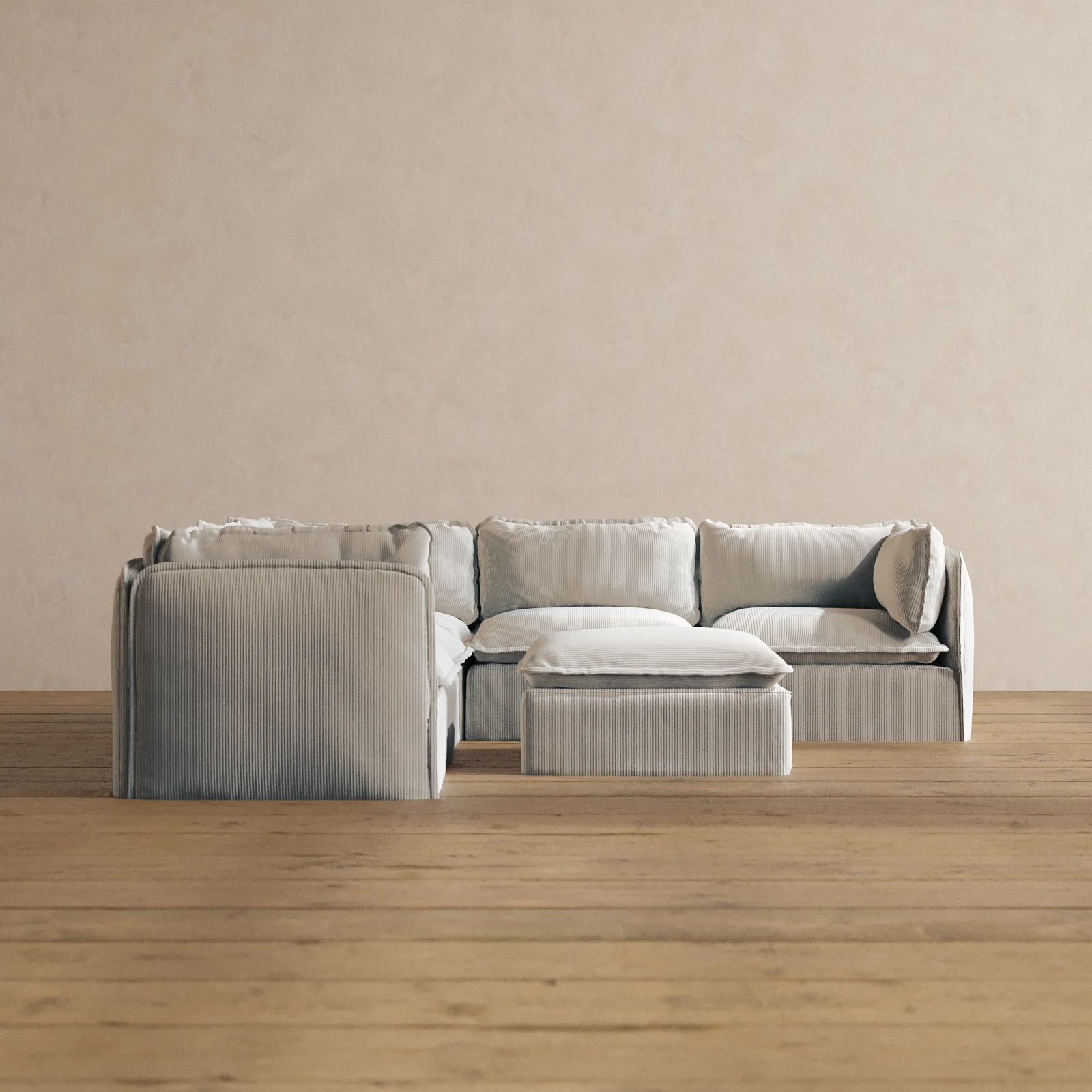 Modular Washable 5-Seater Corner Sectional + Ottoman in Milk | Memorix+ Seat | Contour Pillow