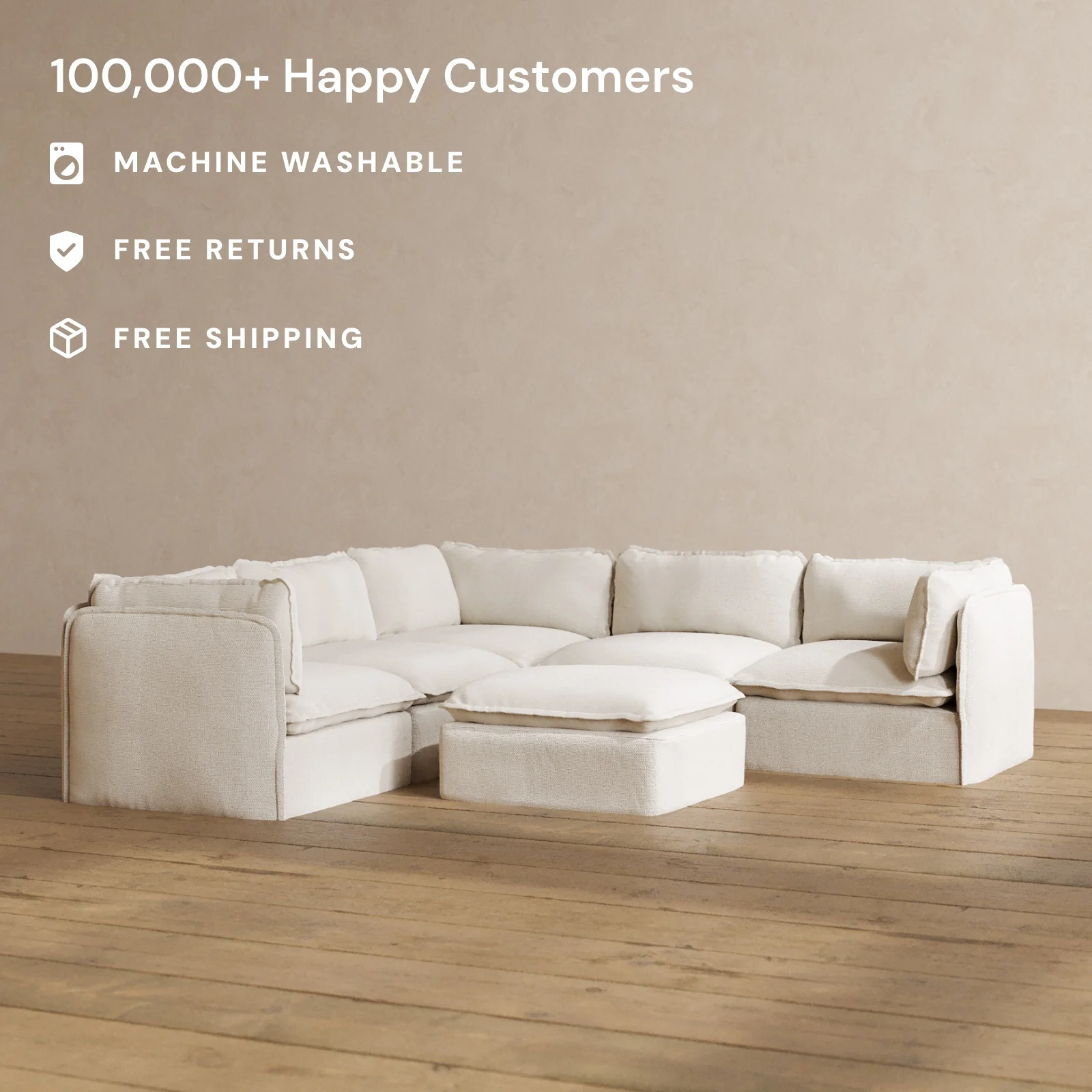 Modular Washable 5-Seater Corner Sectional + Ottoman in Powder | Memorix+ Seat | Contour Pillow - Image 2