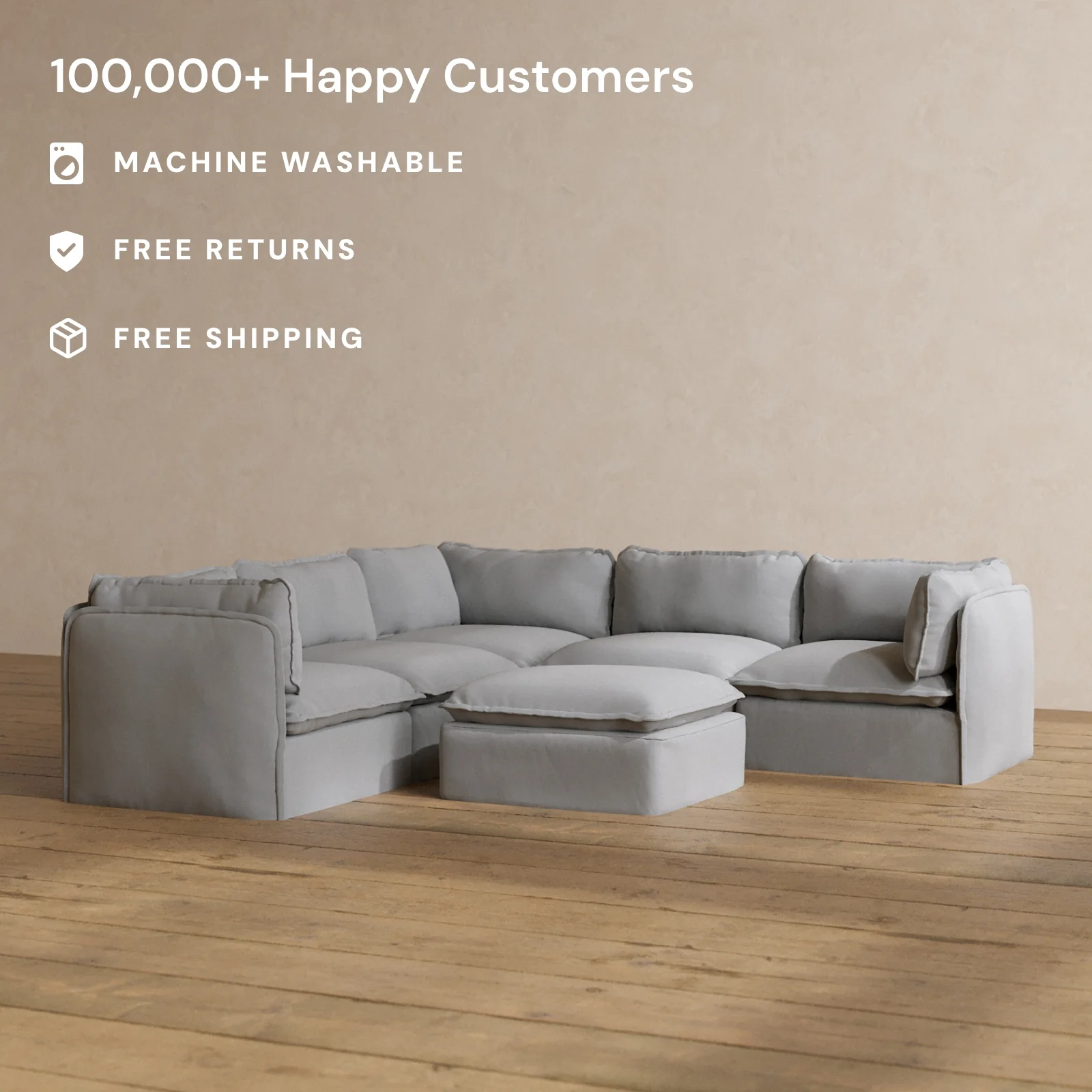Modular Washable 5-Seater Corner Sectional + Ottoman in Pumice | Memorix+ Seat | Contour Pillow - Image 2