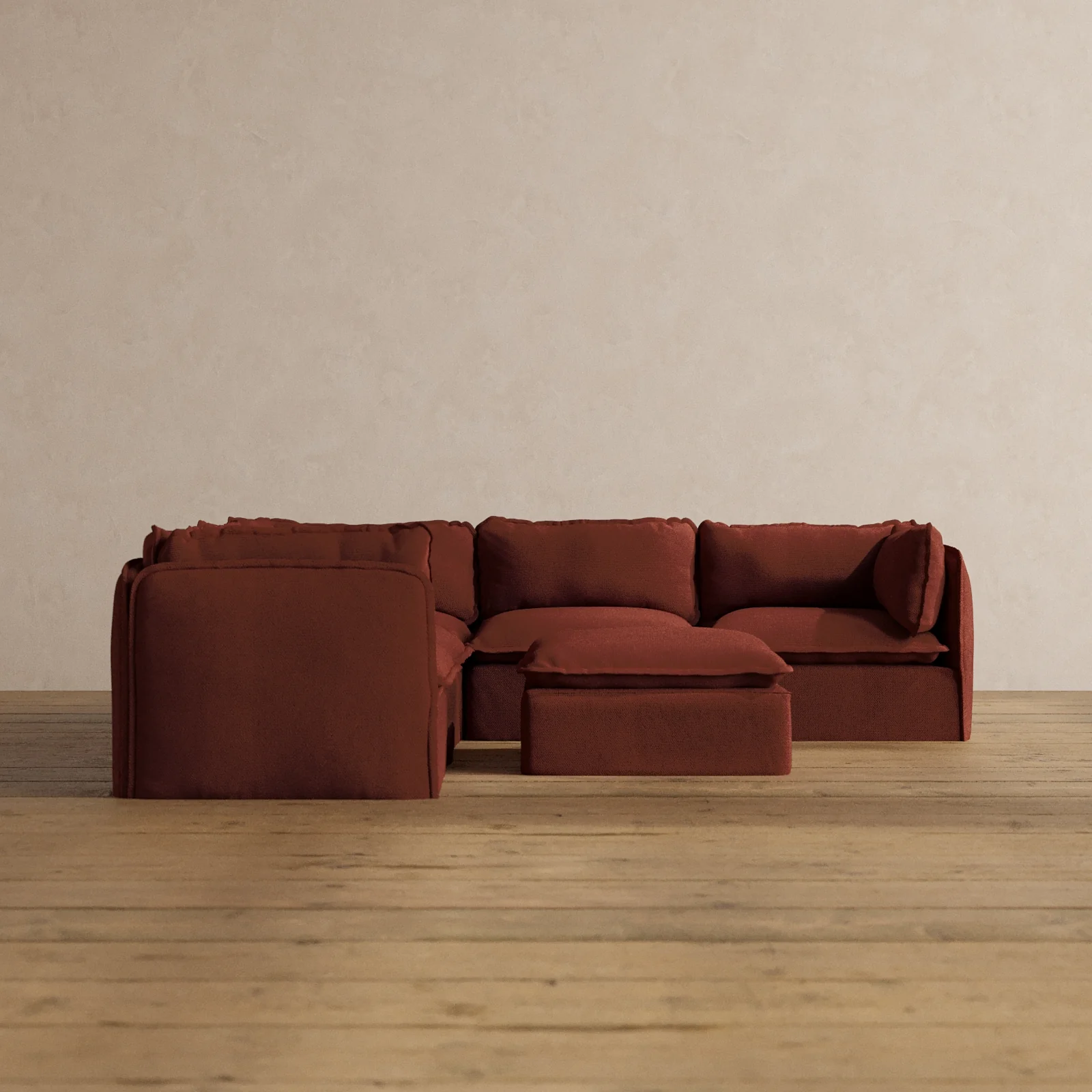Modular Washable 5-Seater Corner Sectional + Ottoman in Rust | Deluxe+ Seat | Cloud Pillow