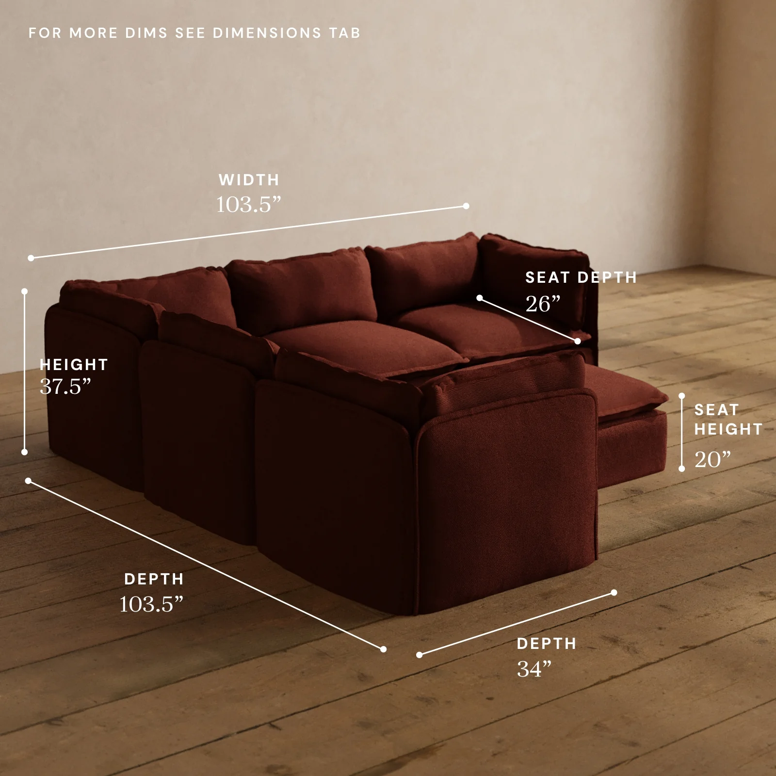 Modular Washable 5-Seater Corner Sectional + Ottoman in Rust | Deluxe+ Seat | Cloud Pillow - Image 5