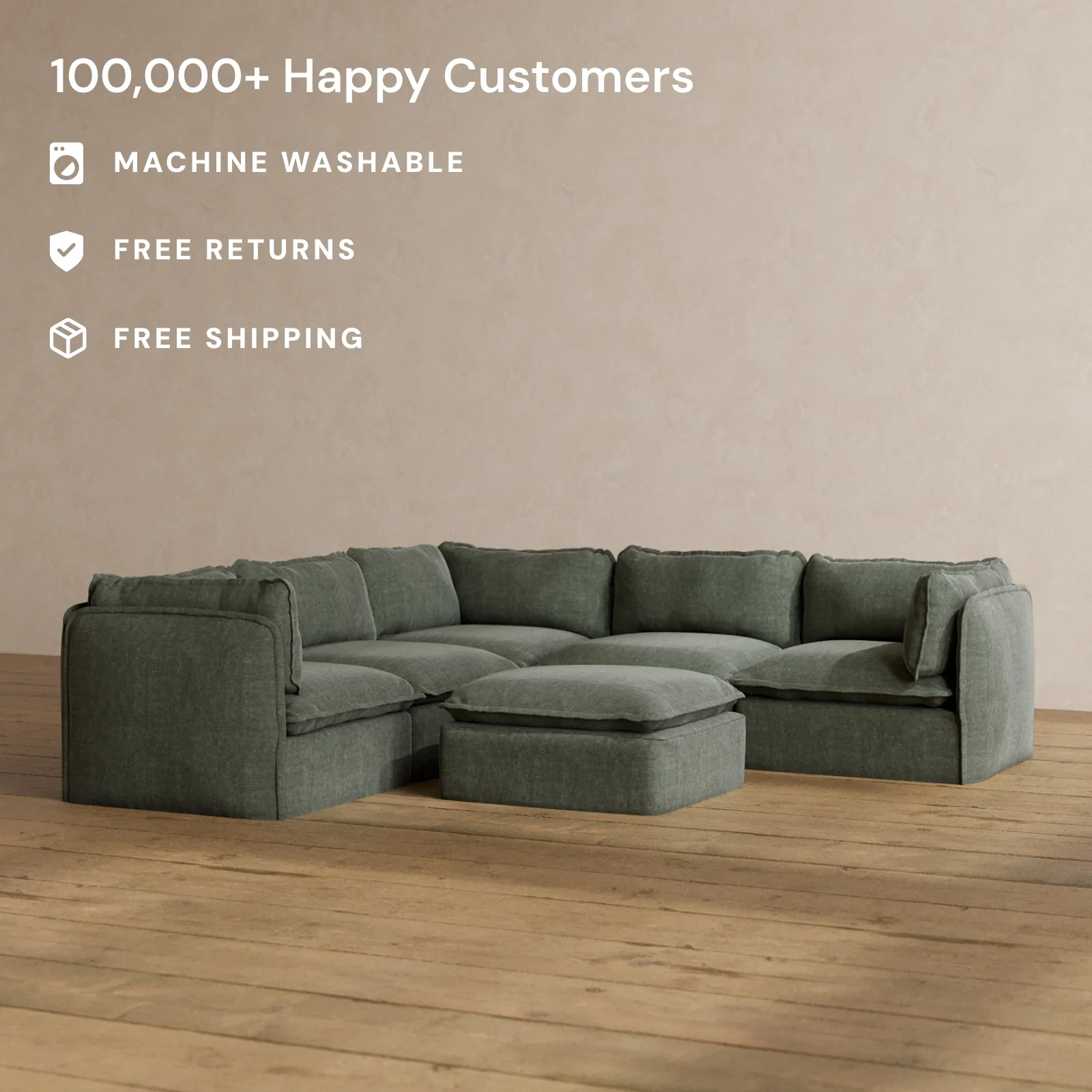 Modular Washable 5-Seater Corner Sectional + Ottoman in Willow | Deluxe+ Seat | Cloud Pillow - Image 2