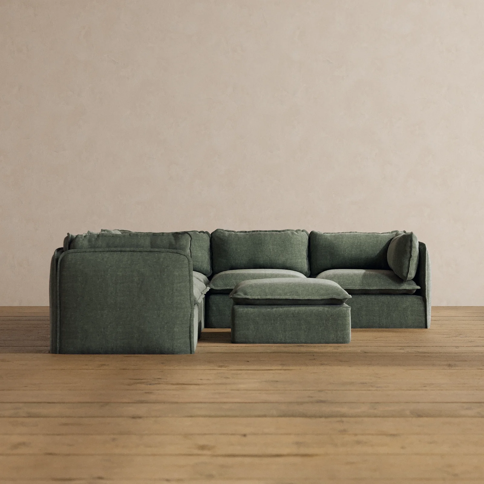Modular Washable 5-Seater Corner Sectional + Ottoman in Willow | Memorix+ Seat | Contour Pillow