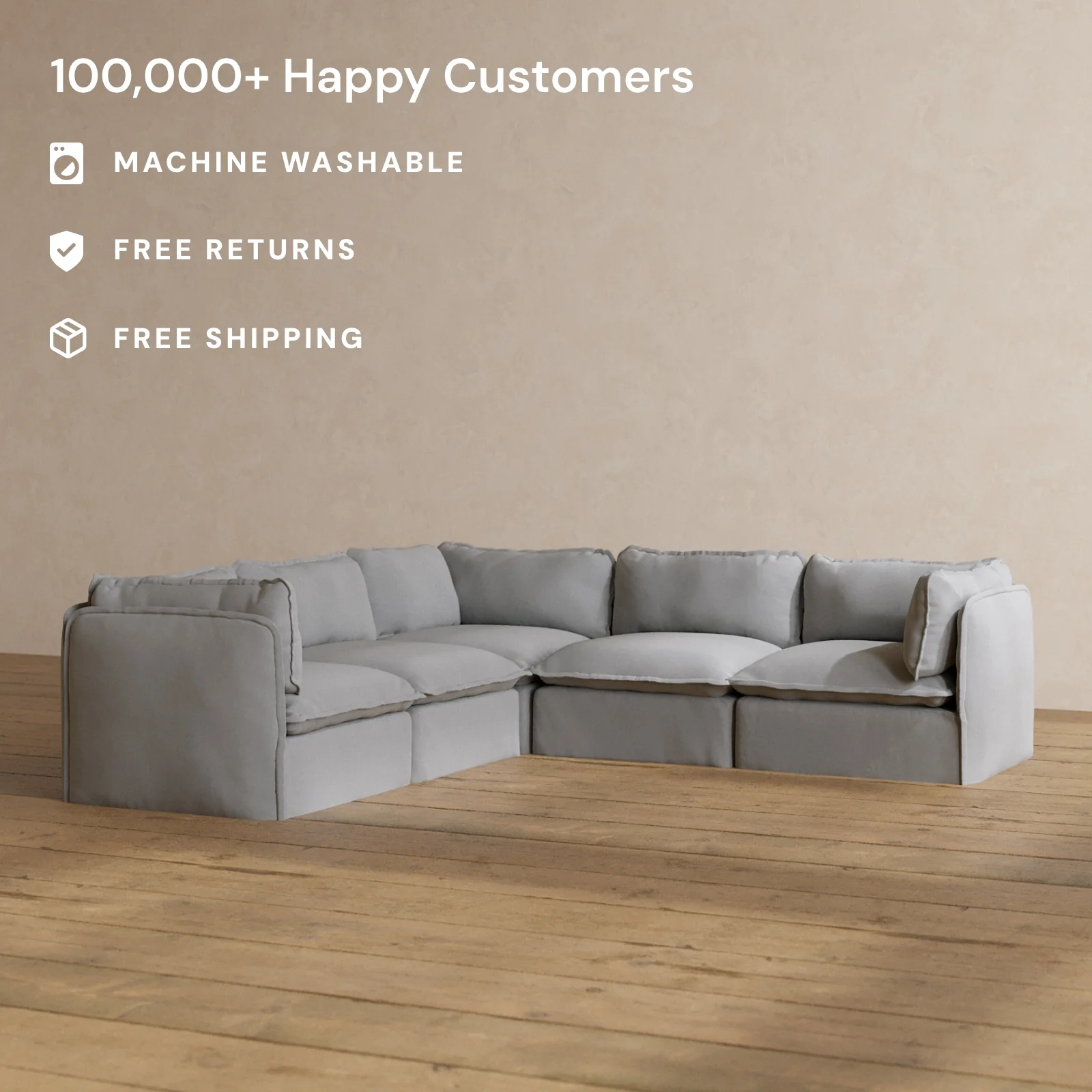 Modular Washable 5-Seater Corner Sectional in Pumice | Deluxe+ Seat | Cloud Pillow - Image 2