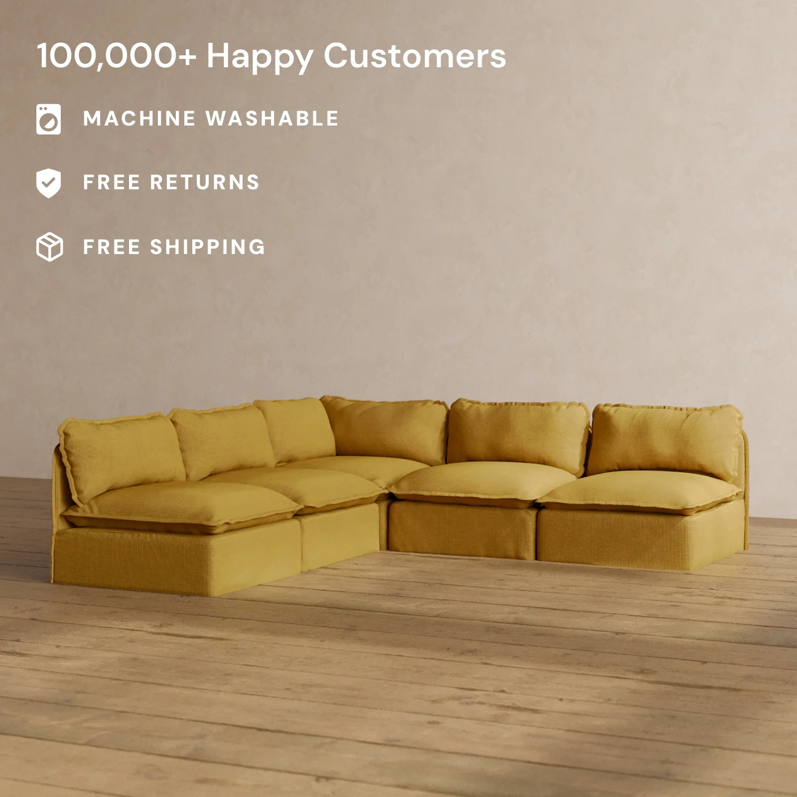 Modular Washable 5-Seater Open-Ends Corner Sectional in Kiiro | Memorix+ Seat | Contour Pillow - Image 2