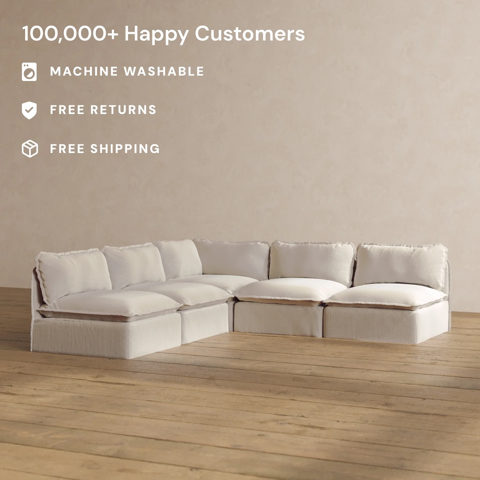 Modular Washable 5-Seater Open-Ends Corner Sectional in Milk | Deluxe+ Seat | Cloud Pillow - Image 2