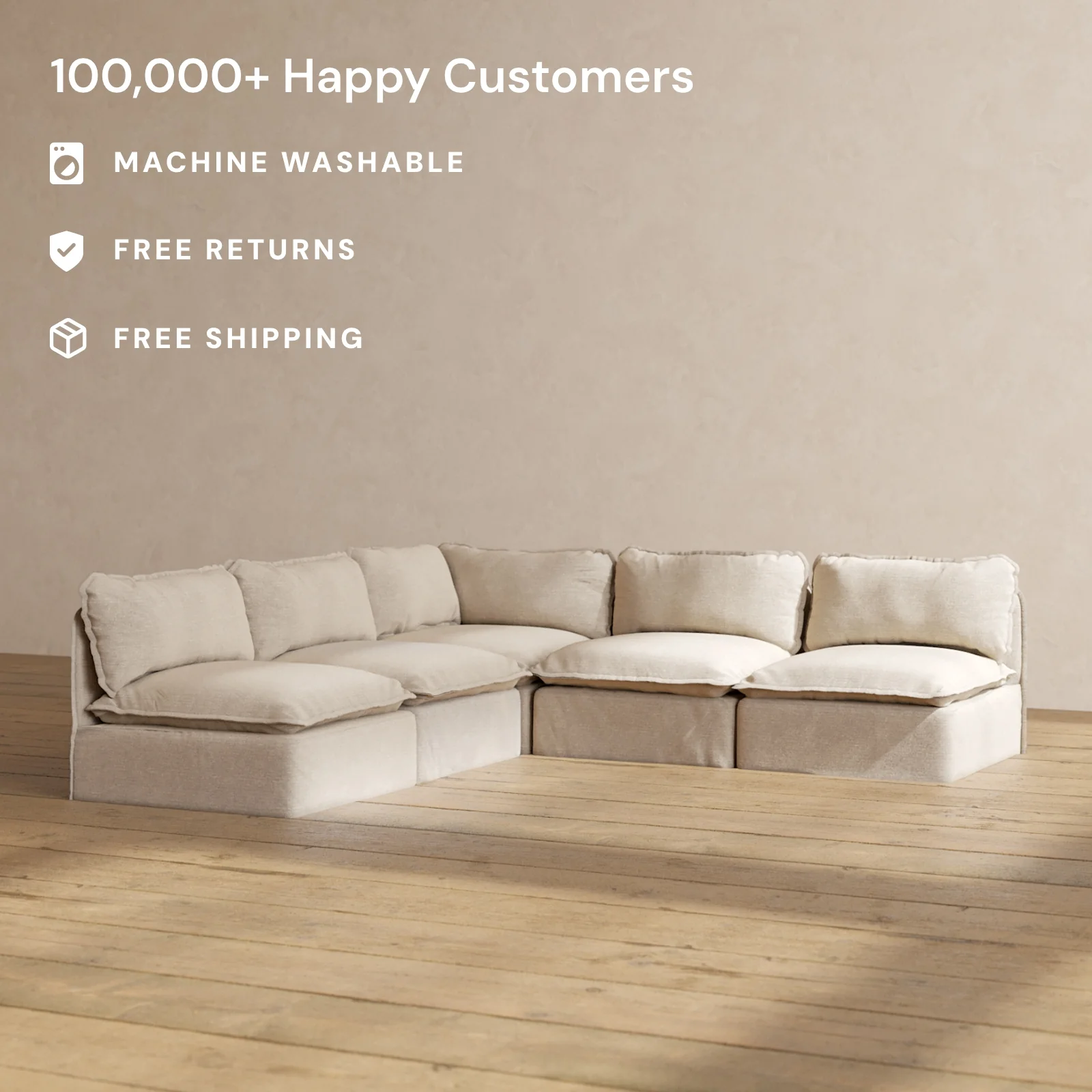Modular Washable 5-Seater Open-Ends Corner Sectional in Oat | Deluxe+ Seat | Cloud Pillow - Image 2
