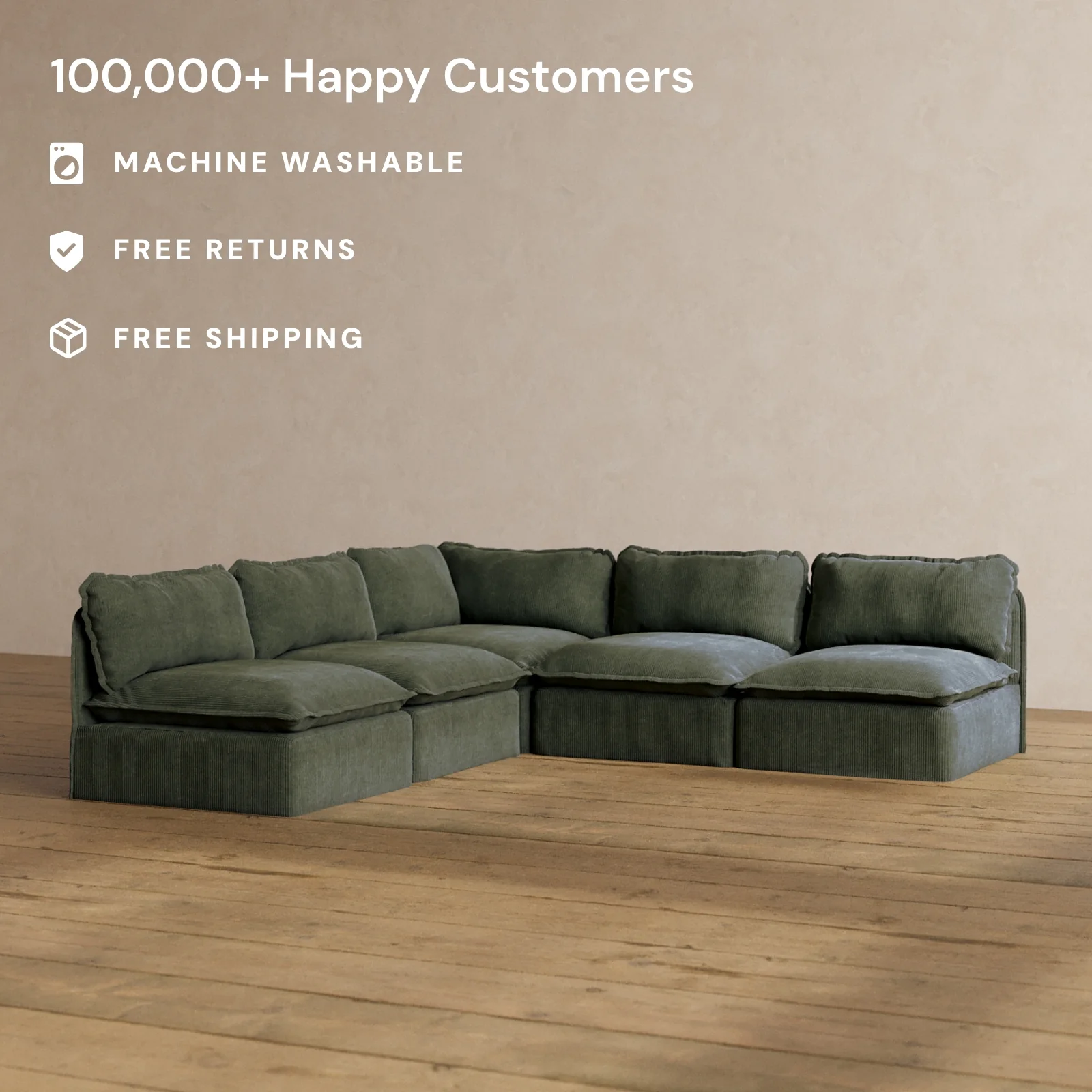 Modular Washable 5-Seater Open-Ends Corner Sectional in Olivine | Memorix+ Seat | Contour Pillow - Image 2