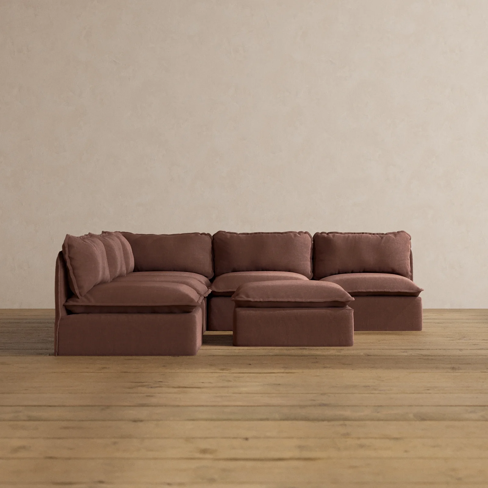 Modular Washable 5-Seater Open-Ends Corner Sectional + Ottoman in Chestnut | Deluxe+ Seat | Cloud Pillow