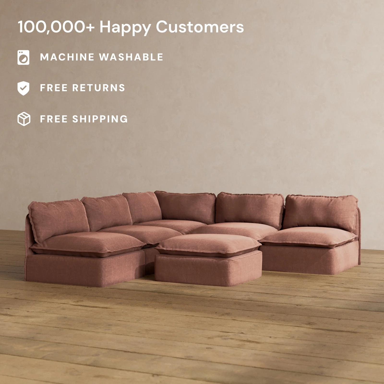 Modular Washable 5-Seater Open-Ends Corner Sectional + Ottoman in Chestnut | Deluxe+ Seat | Cloud Pillow - Image 2