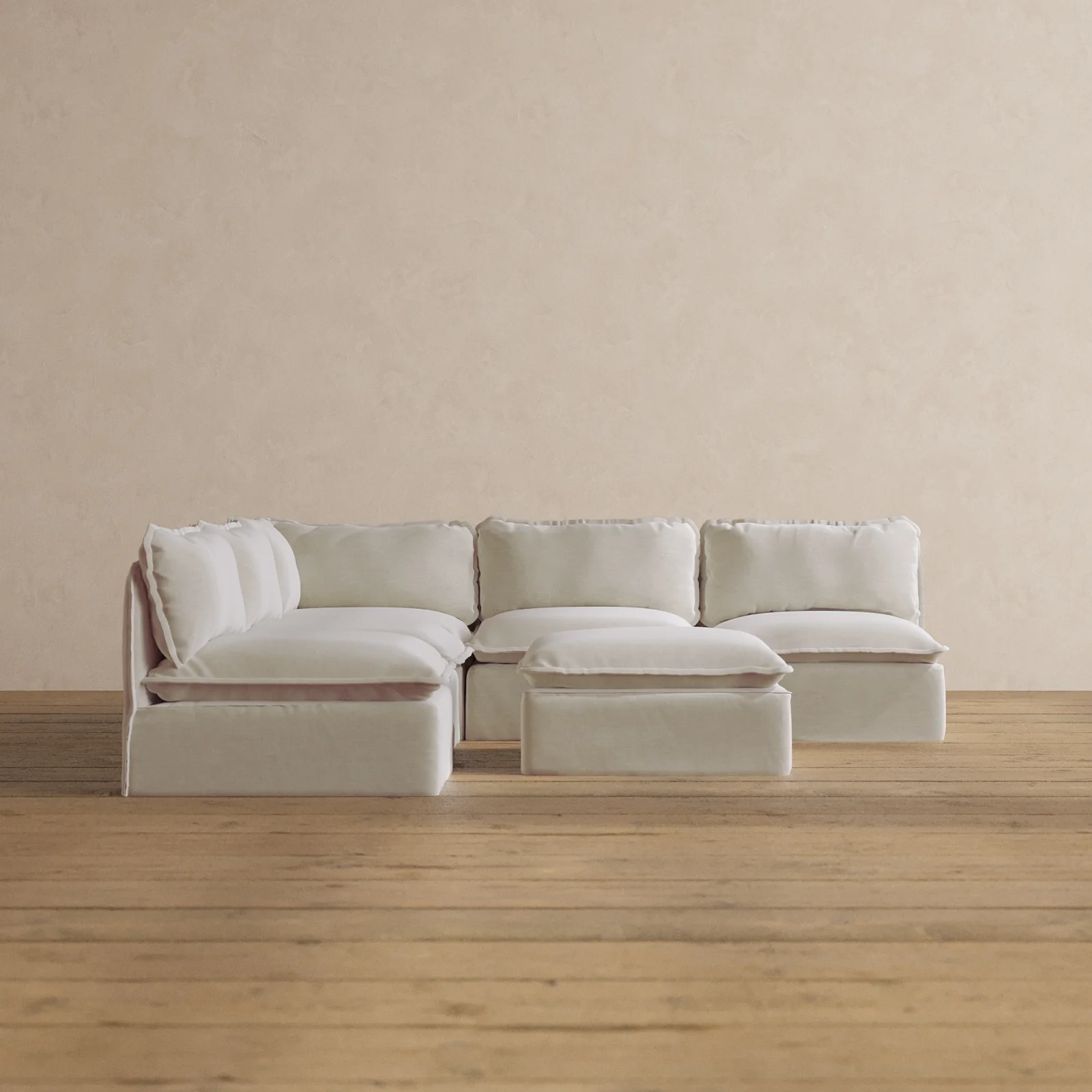 Modular Washable 5-Seater Open-Ends Corner Sectional + Ottoman in Coco | Deluxe+ Seat | Cloud Pillow
