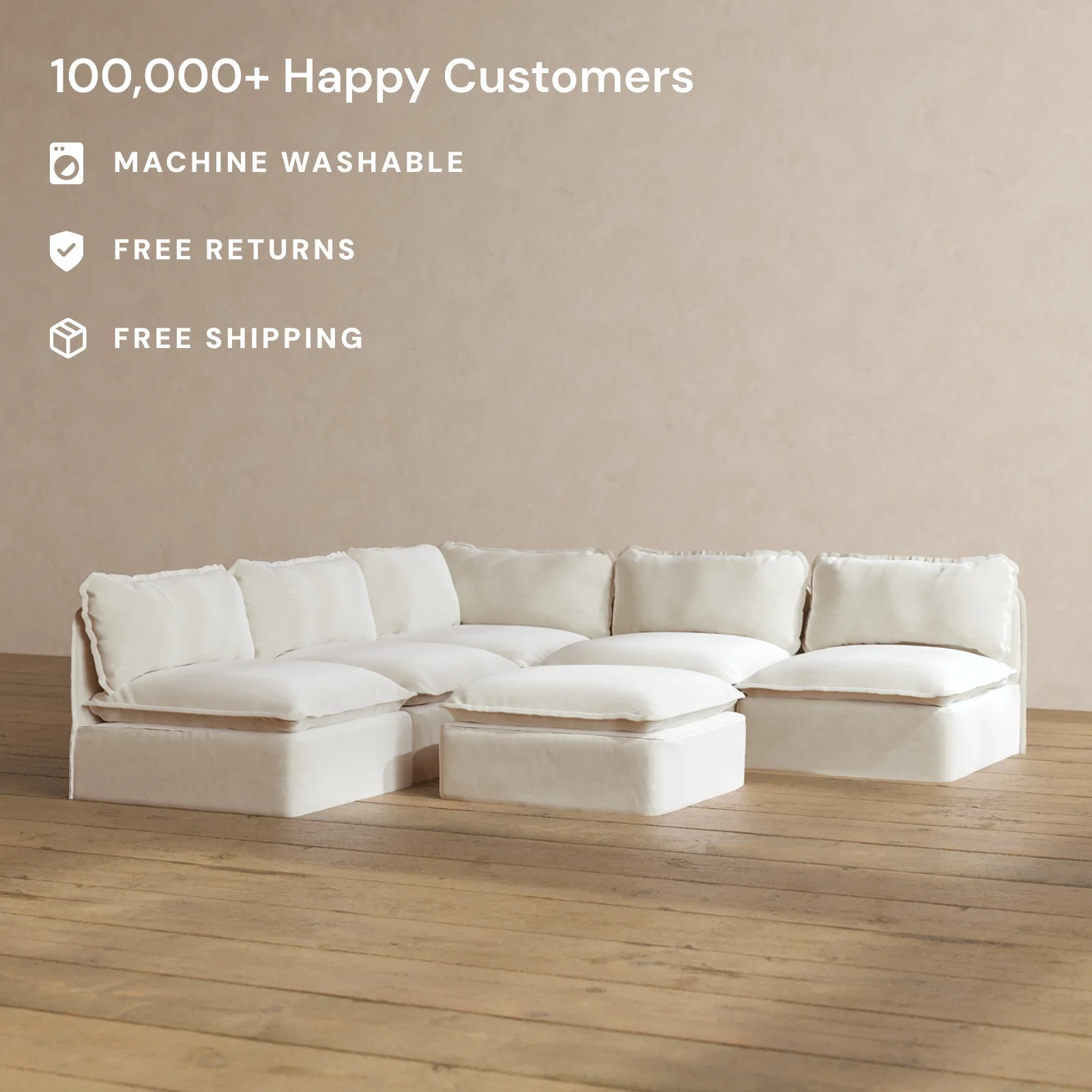 Modular Washable 5-Seater Open-Ends Corner Sectional + Ottoman in Coco | Deluxe+ Seat | Cloud Pillow - Image 2