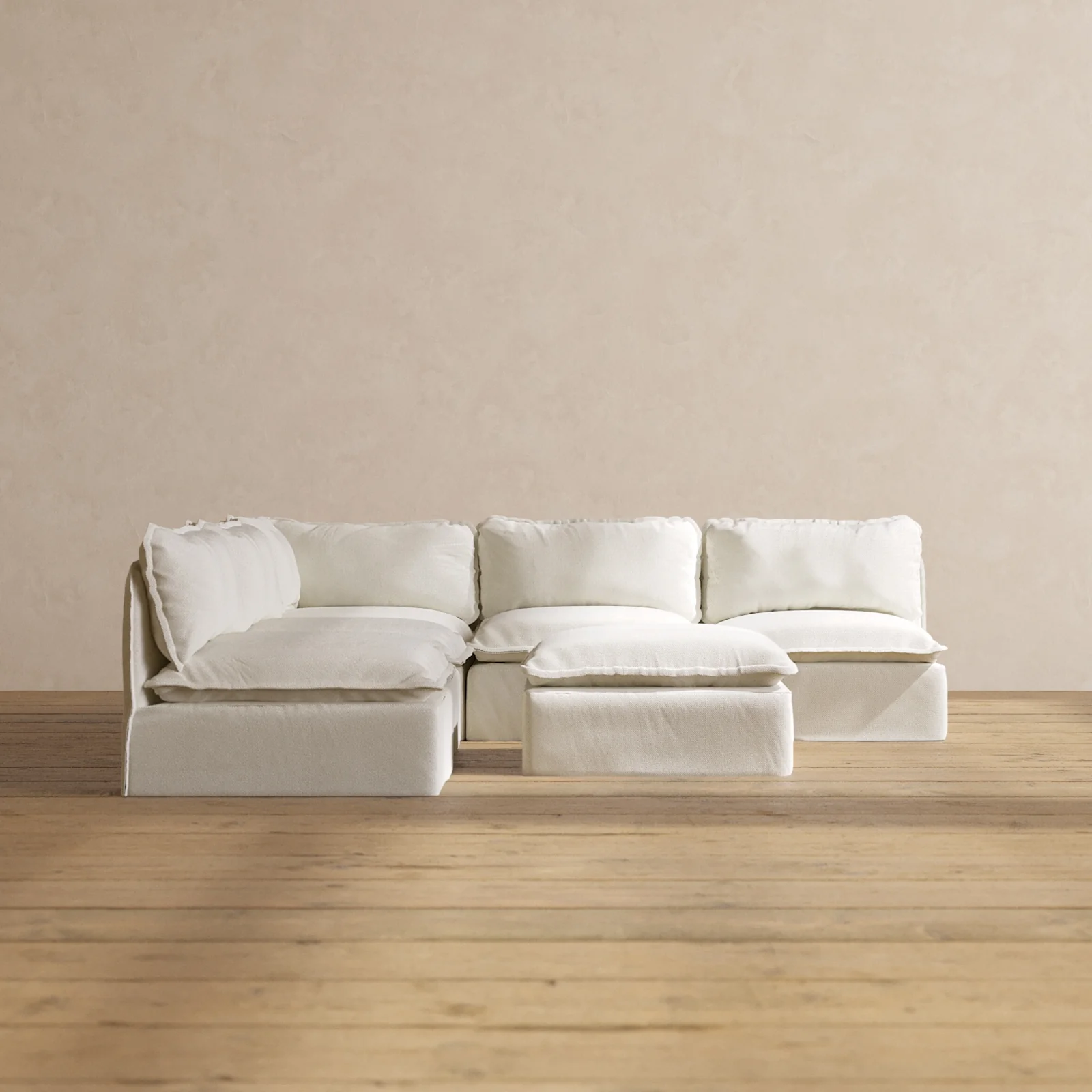 Modular Washable 5-Seater Open-Ends Corner Sectional + Ottoman in Eggshell | Deluxe+ Seat | Cloud Pillow