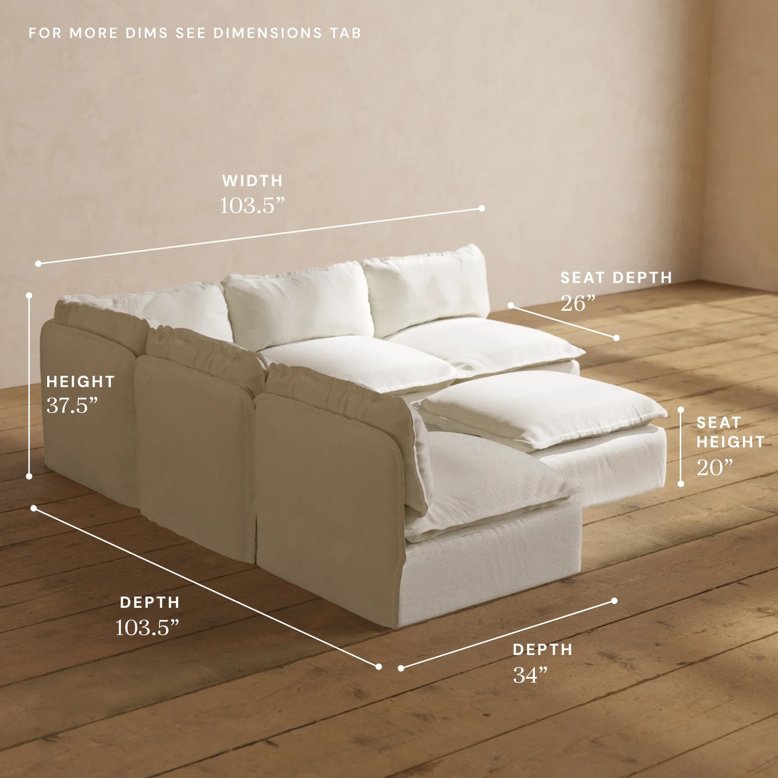 Modular Washable 5-Seater Open-Ends Corner Sectional + Ottoman in Eggshell | Deluxe+ Seat | Cloud Pillow - Image 5