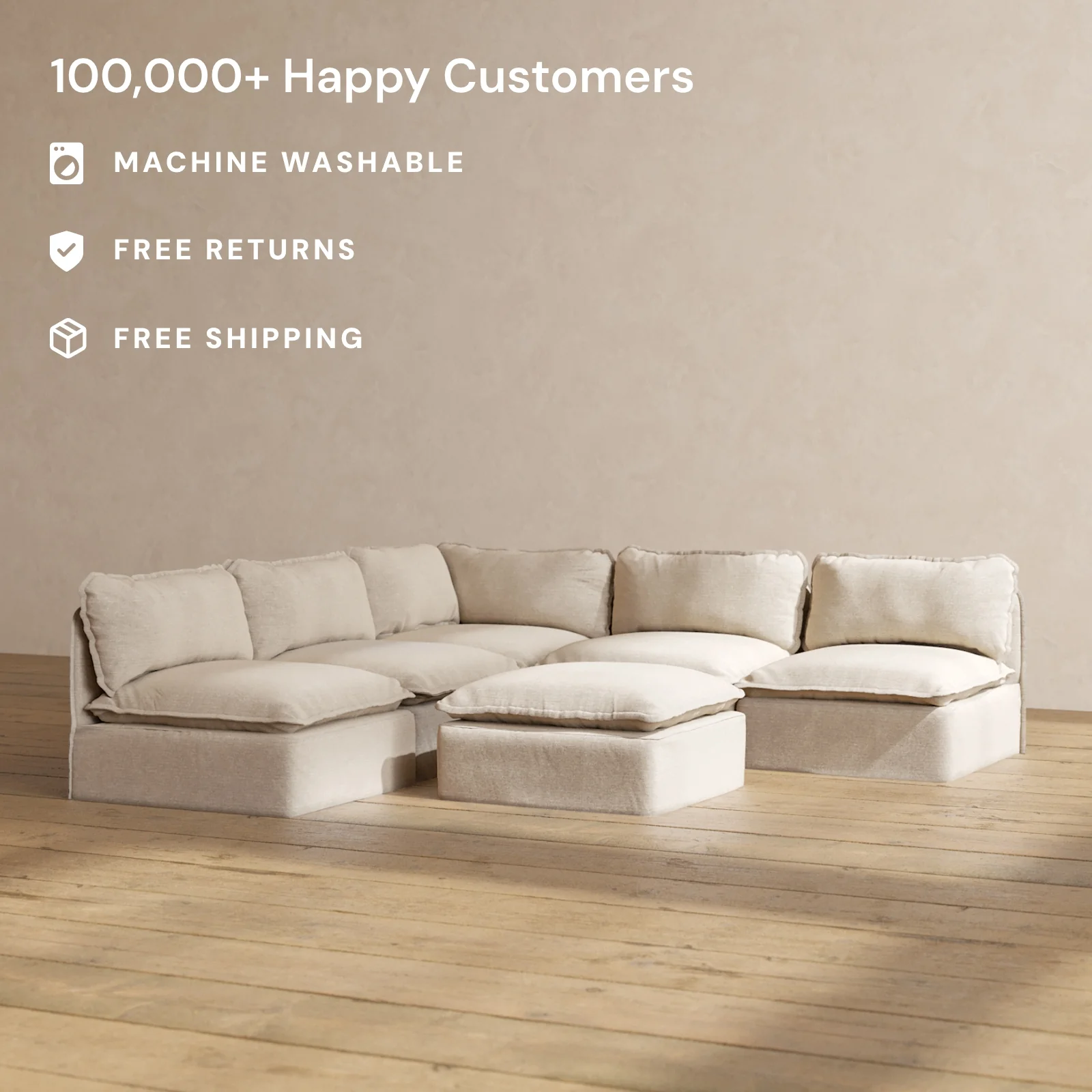 Modular Washable 5-Seater Open-Ends Corner Sectional + Ottoman in Oat | Deluxe+ Seat | Cloud Pillow - Image 2