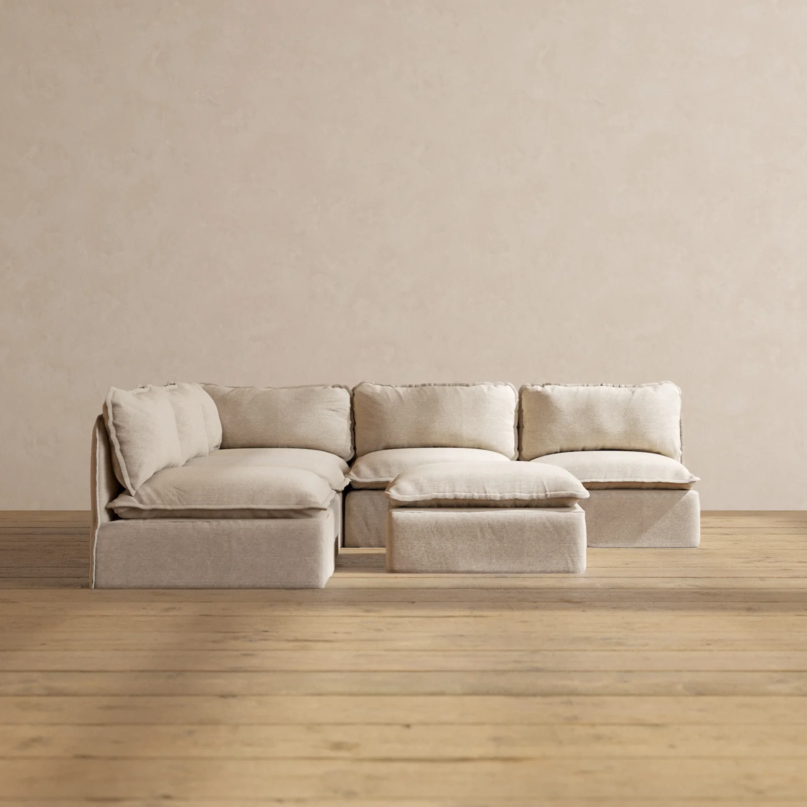Modular Washable 5-Seater Open-Ends Corner Sectional + Ottoman in Oat | Memorix+ Seat | Contour Pillow