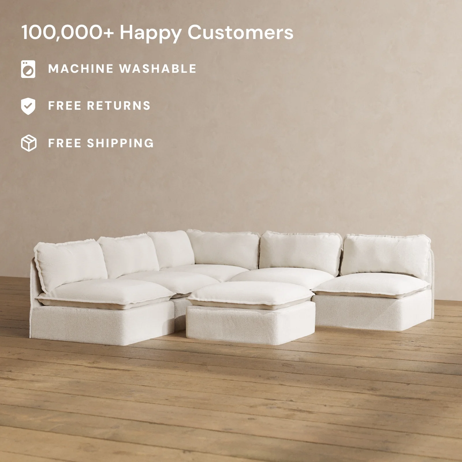 Modular Washable 5-Seater Open-Ends Corner Sectional + Ottoman in Powder | Deluxe+ Seat | Cloud Pillow - Image 2