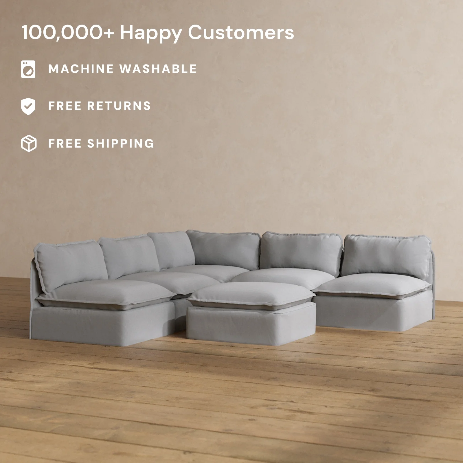 Modular Washable 5-Seater Open-Ends Corner Sectional + Ottoman in Pumice | Deluxe+ Seat | Cloud Pillow - Image 2