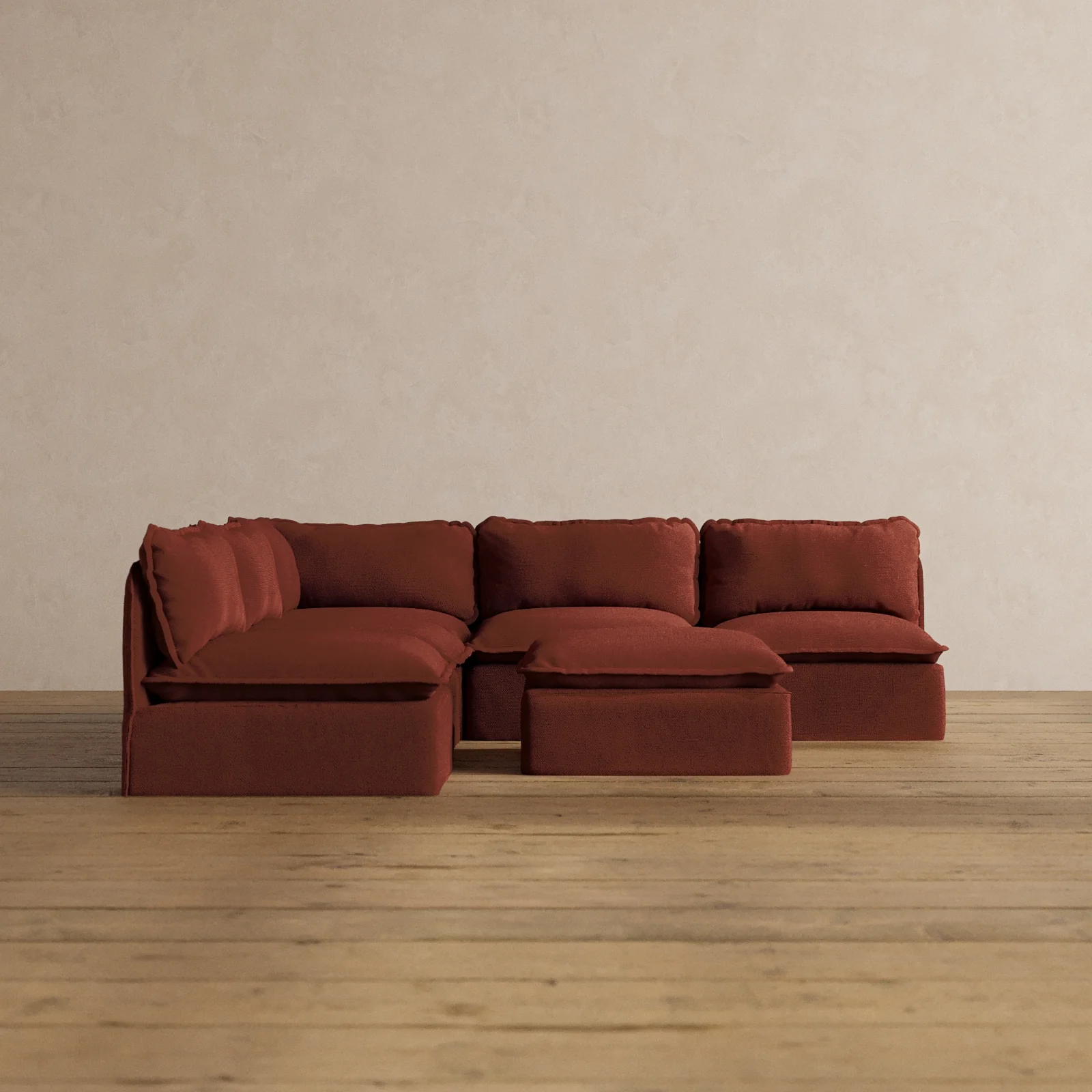 Modular Washable 5-Seater Open-Ends Corner Sectional + Ottoman in Rust | Deluxe+ Seat | Cloud Pillow