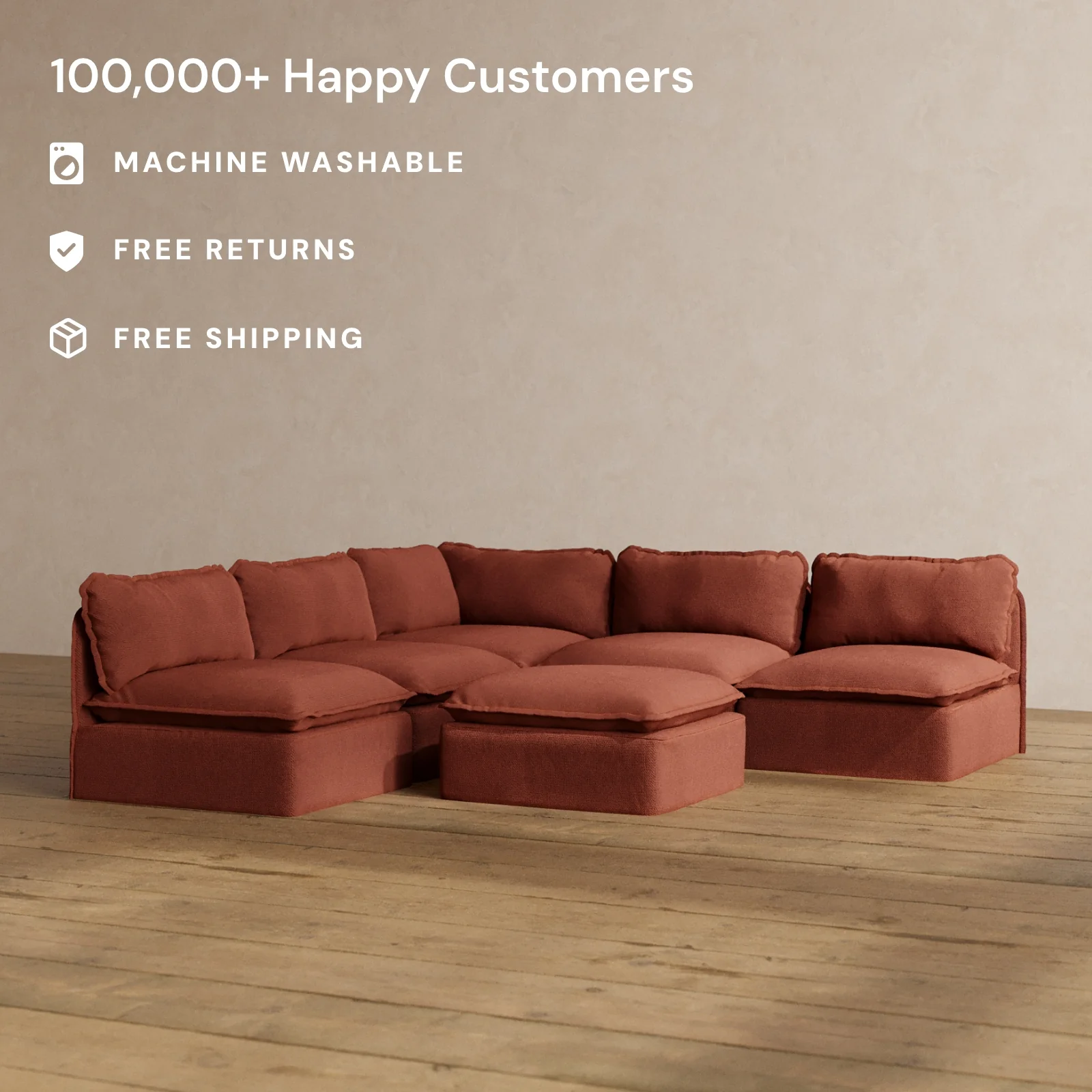 Modular Washable 5-Seater Open-Ends Corner Sectional + Ottoman in Rust | Deluxe+ Seat | Cloud Pillow - Image 2