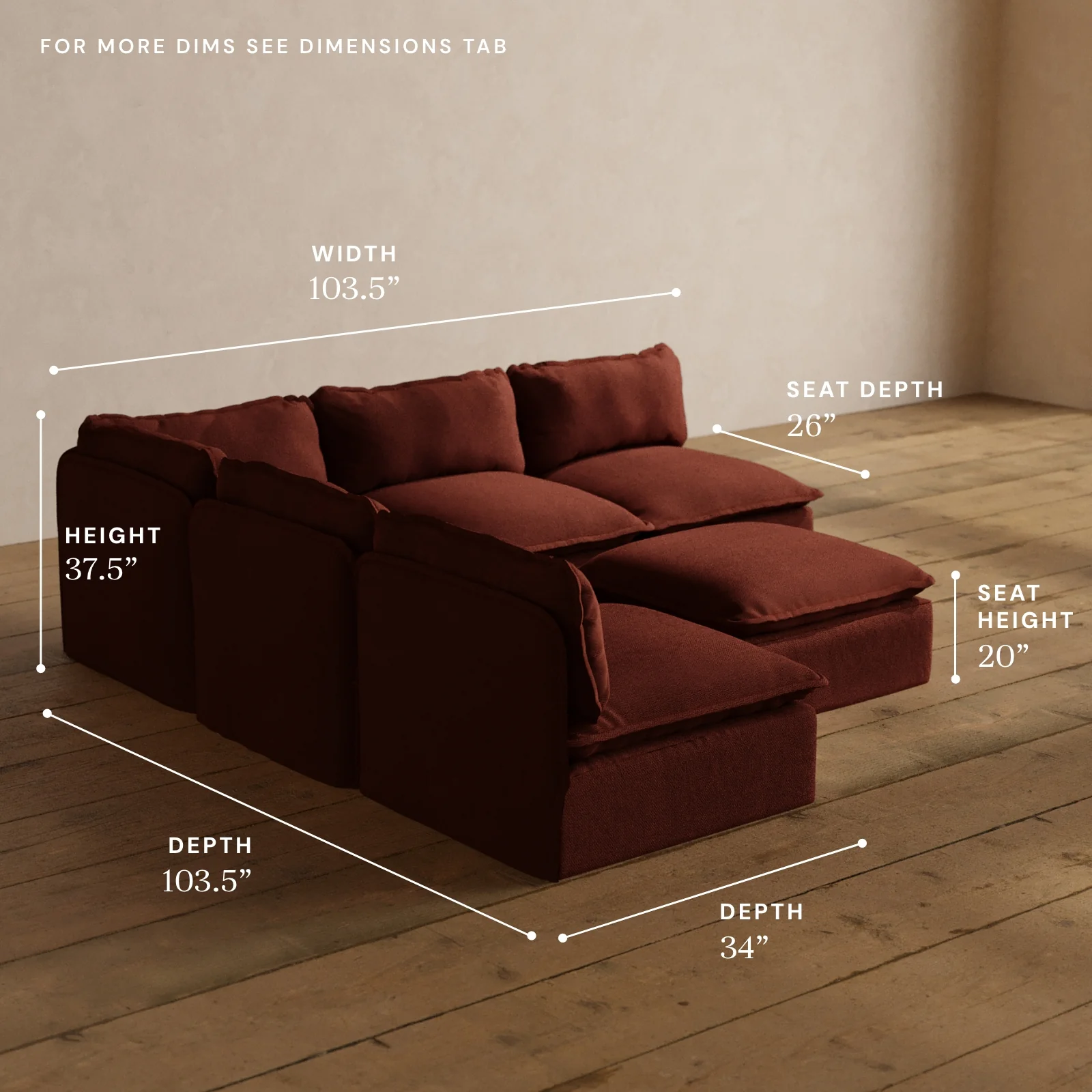 Modular Washable 5-Seater Open-Ends Corner Sectional + Ottoman in Rust | Deluxe+ Seat | Cloud Pillow - Image 5