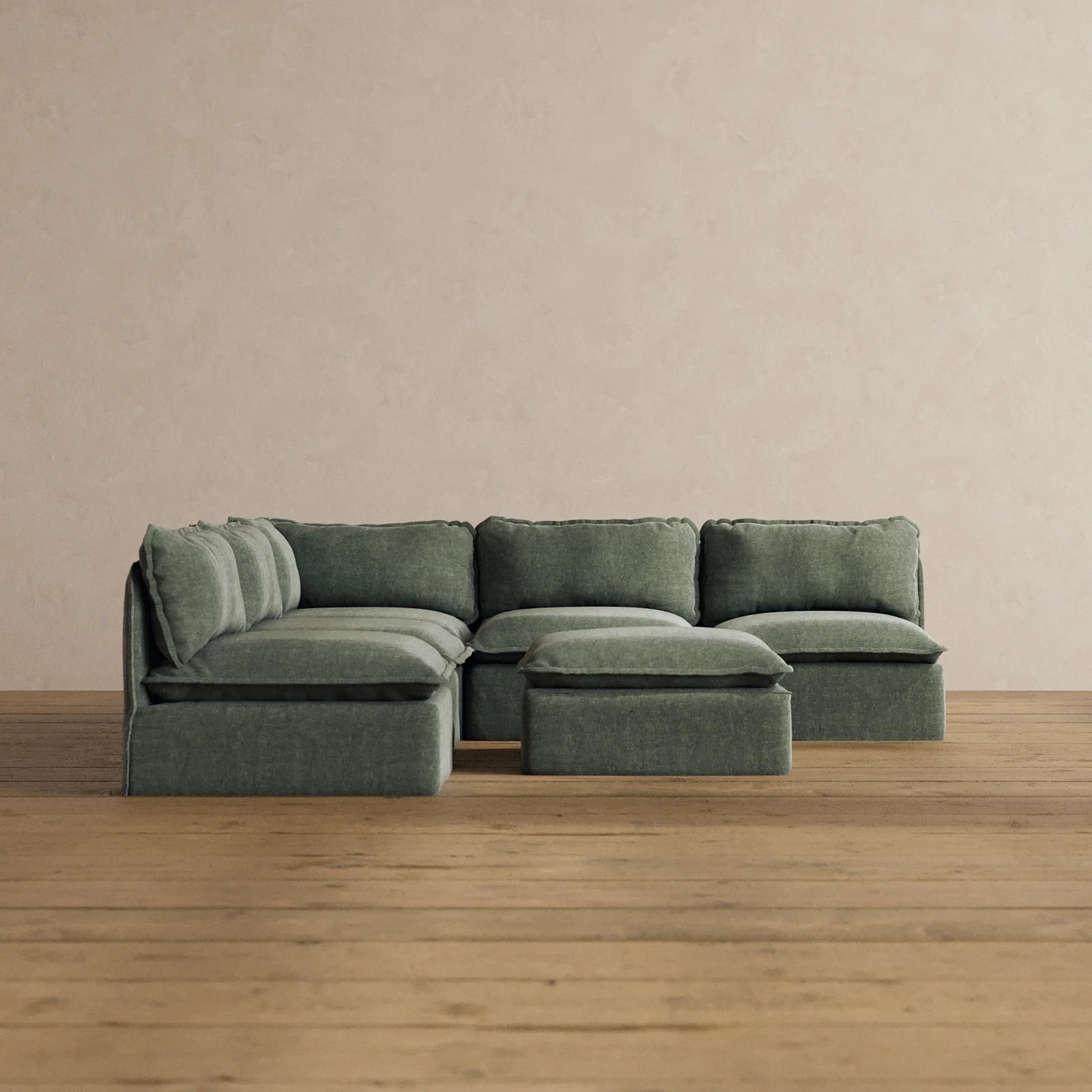 Modular Washable 5-Seater Open-Ends Corner Sectional + Ottoman in Willow | Deluxe+ Seat | Cloud Pillow