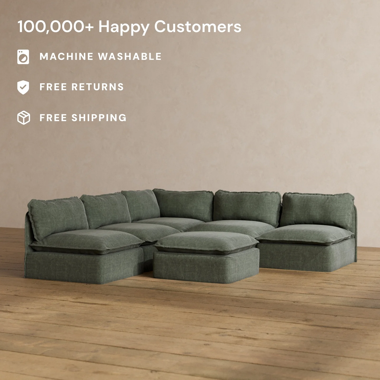Modular Washable 5-Seater Open-Ends Corner Sectional + Ottoman in Willow | Memorix+ Seat | Contour Pillow - Image 2