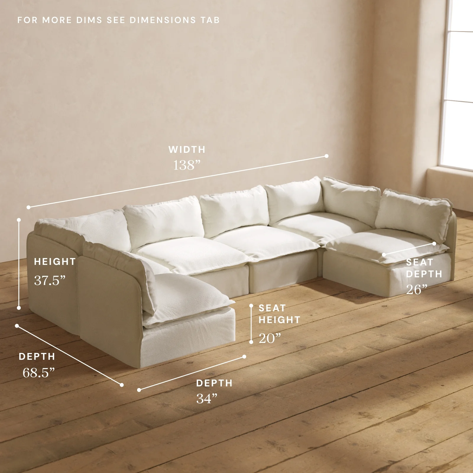 Modular Washable 6-Seater Open-Ends U-Sectional in Eggshell | Memorix+ Seat | Contour Pillow - Image 5