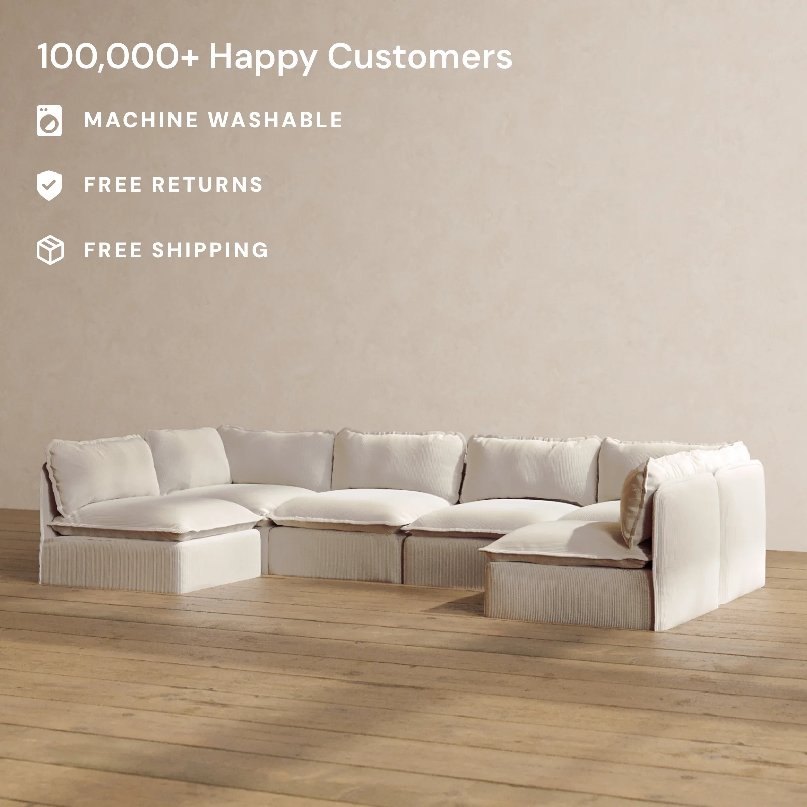 Modular Washable 6-Seater Open-Ends U-Sectional in Milk | Deluxe+ Seat | Cloud Pillow - Image 2