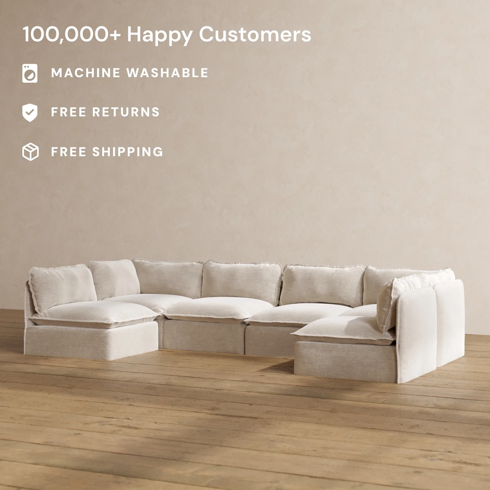 Modular Washable 6-Seater Open-Ends U-Sectional in Mist | Deluxe+ Seat | Cloud Pillow - Image 2