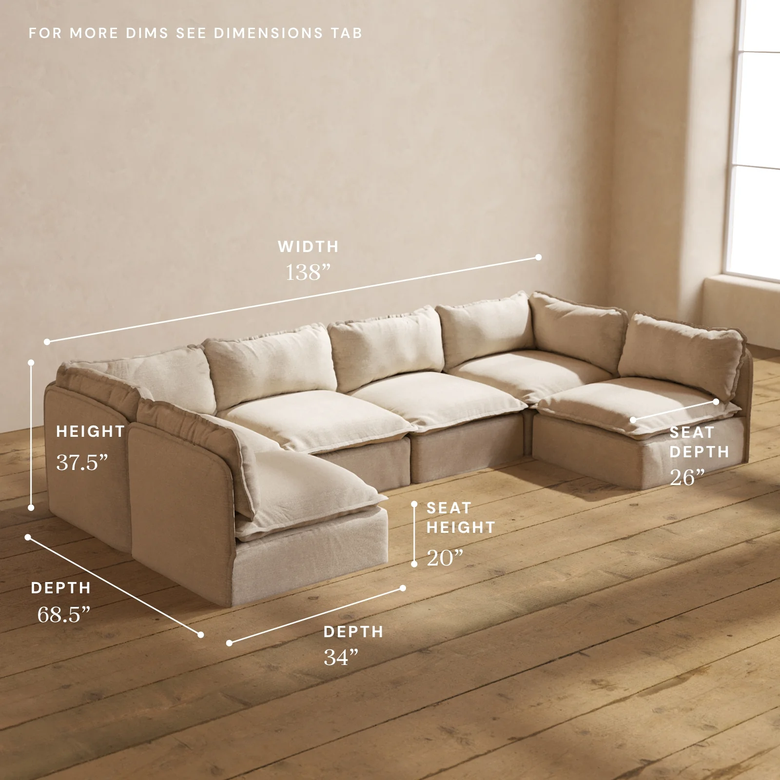 Modular Washable 6-Seater Open-Ends U-Sectional in Oat | Deluxe+ Seat | Cloud Pillow - Image 5