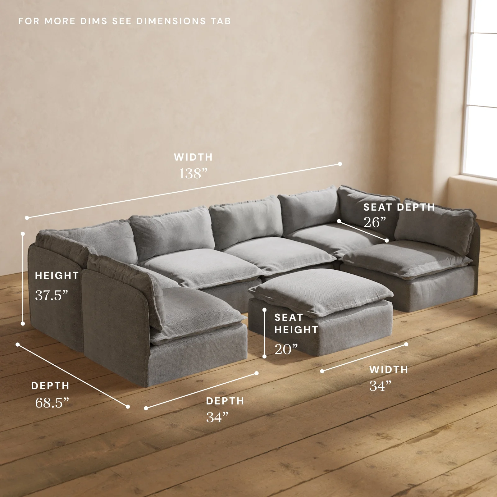 Modular Washable 6-Seater Open-Ends U-Sectional + Ottoman in Ash | Deluxe+ Seat | Cloud Pillow - Image 5