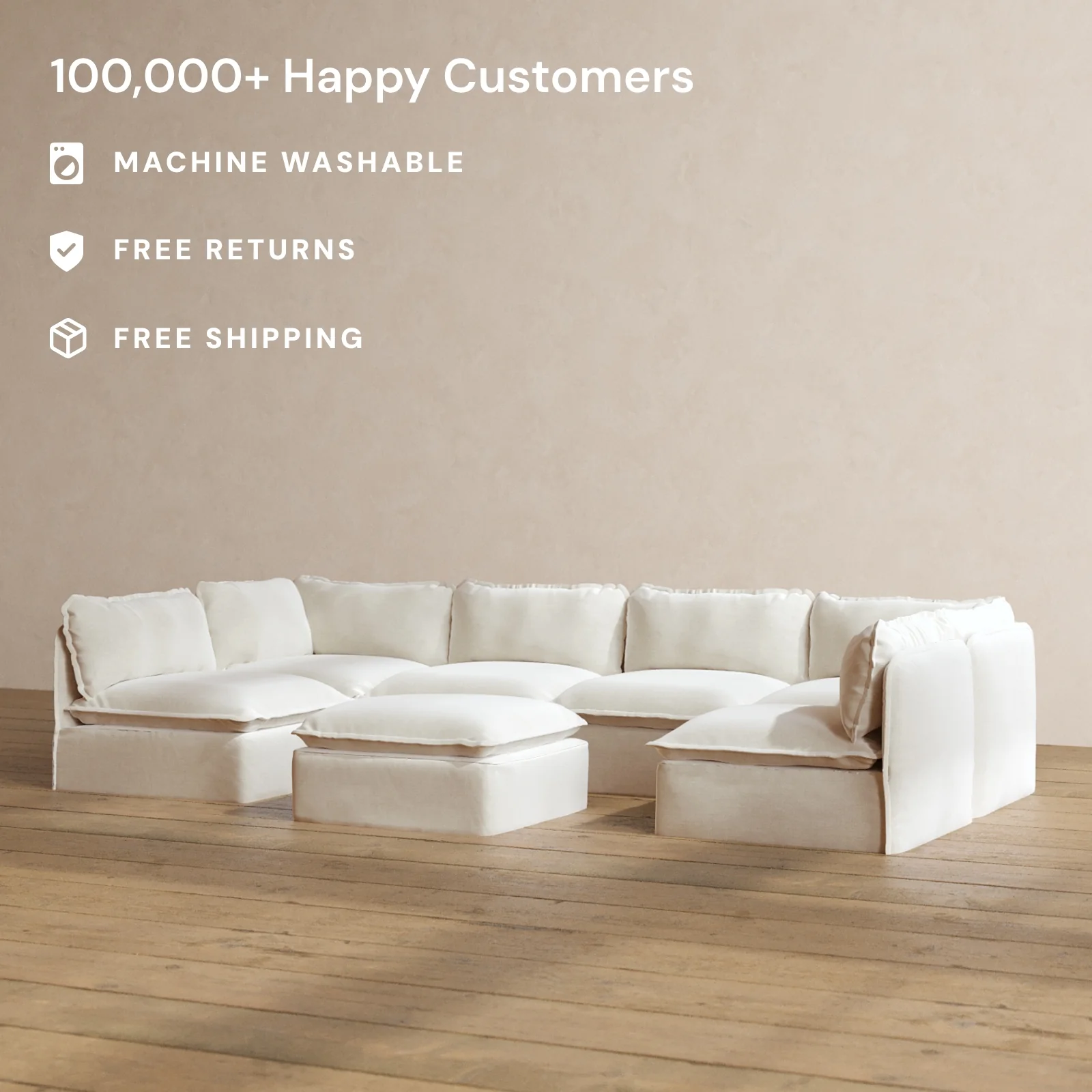 Modular Washable 6-Seater Open-Ends U-Sectional + Ottoman in Coco | Deluxe+ Seat | Cloud Pillow - Image 2