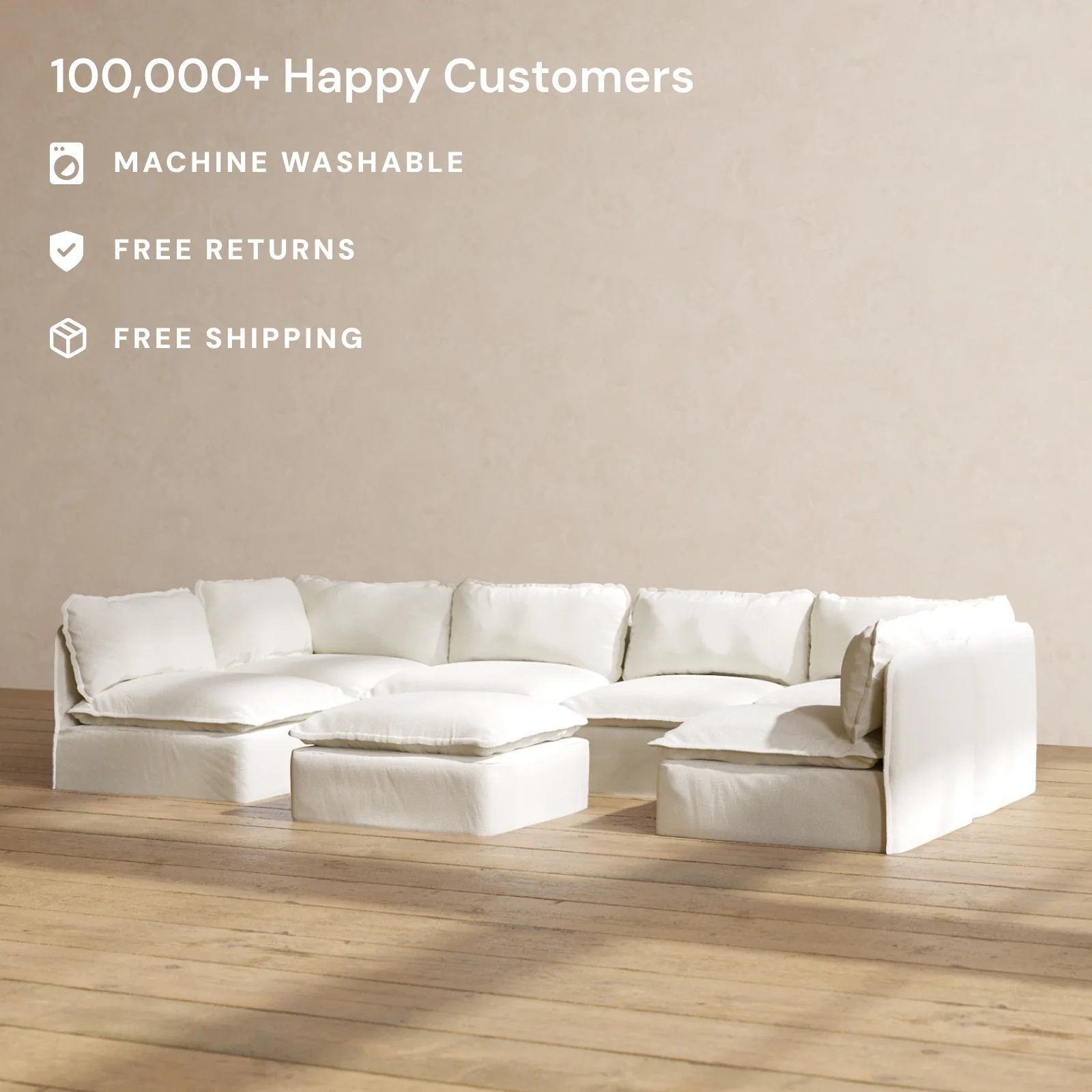 Modular Washable 6-Seater Open-Ends U-Sectional + Ottoman in Eggshell | Deluxe+ Seat | Cloud Pillow - Image 2