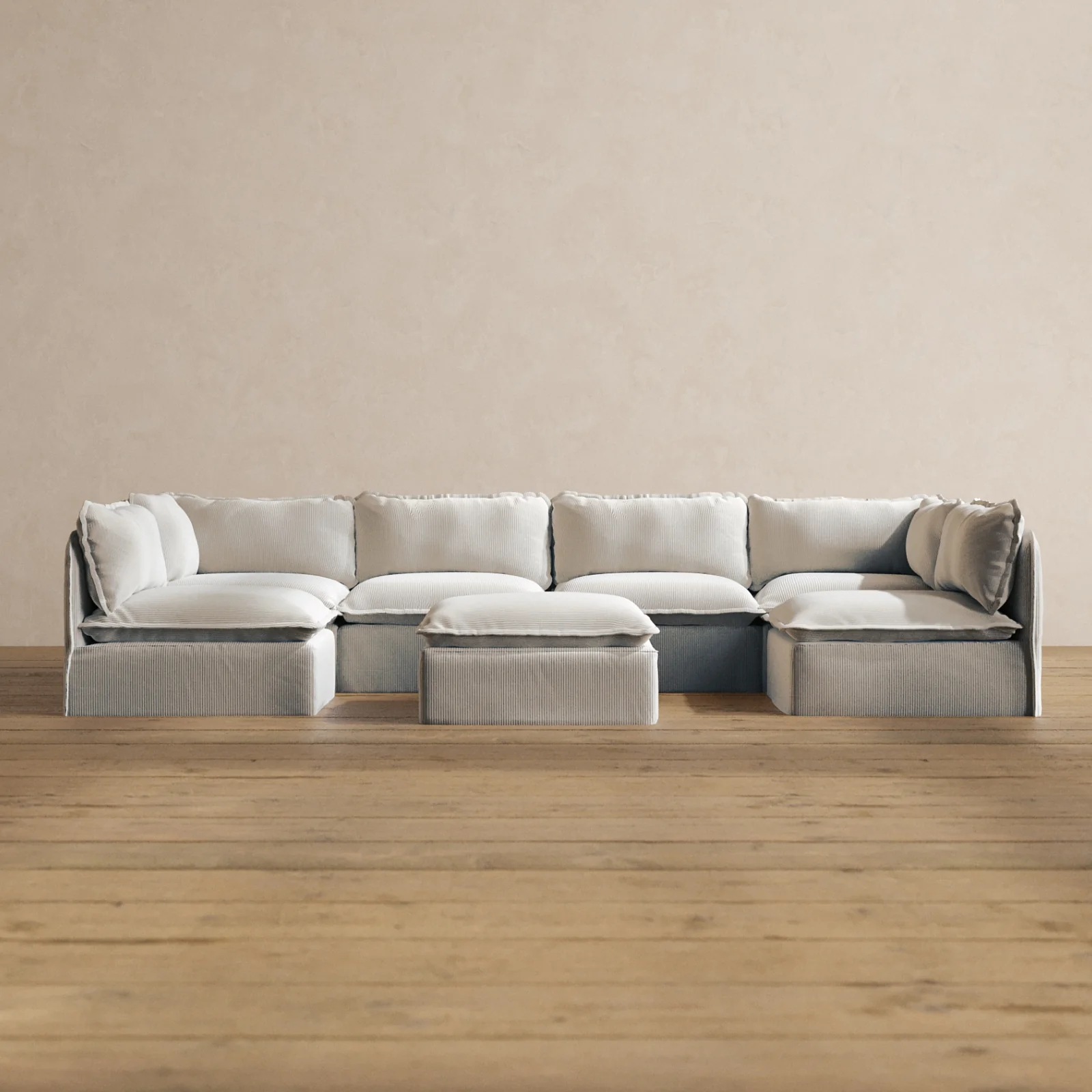 Modular Washable 6-Seater Open-Ends U-Sectional + Ottoman in Milk | Deluxe+ Seat | Cloud Pillow