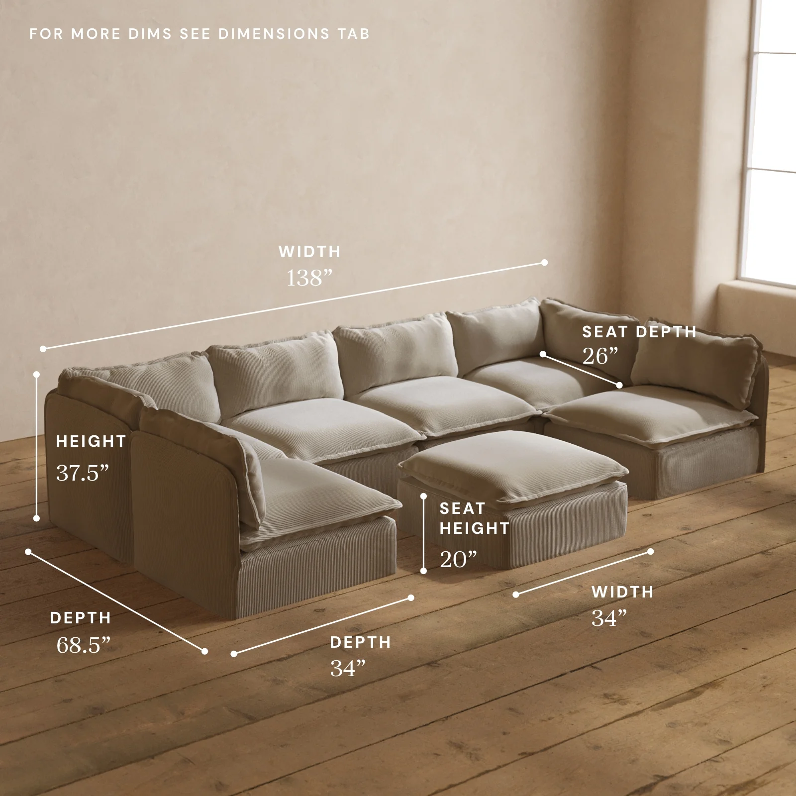 Modular Washable 6-Seater Open-Ends U-Sectional + Ottoman in Milk | Deluxe+ Seat | Cloud Pillow - Image 5
