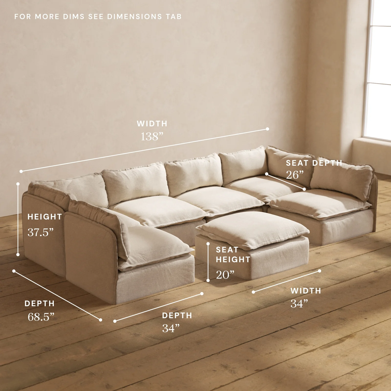 Modular Washable 6-Seater Open-Ends U-Sectional + Ottoman in Oat | Deluxe+ Seat | Cloud Pillow - Image 5