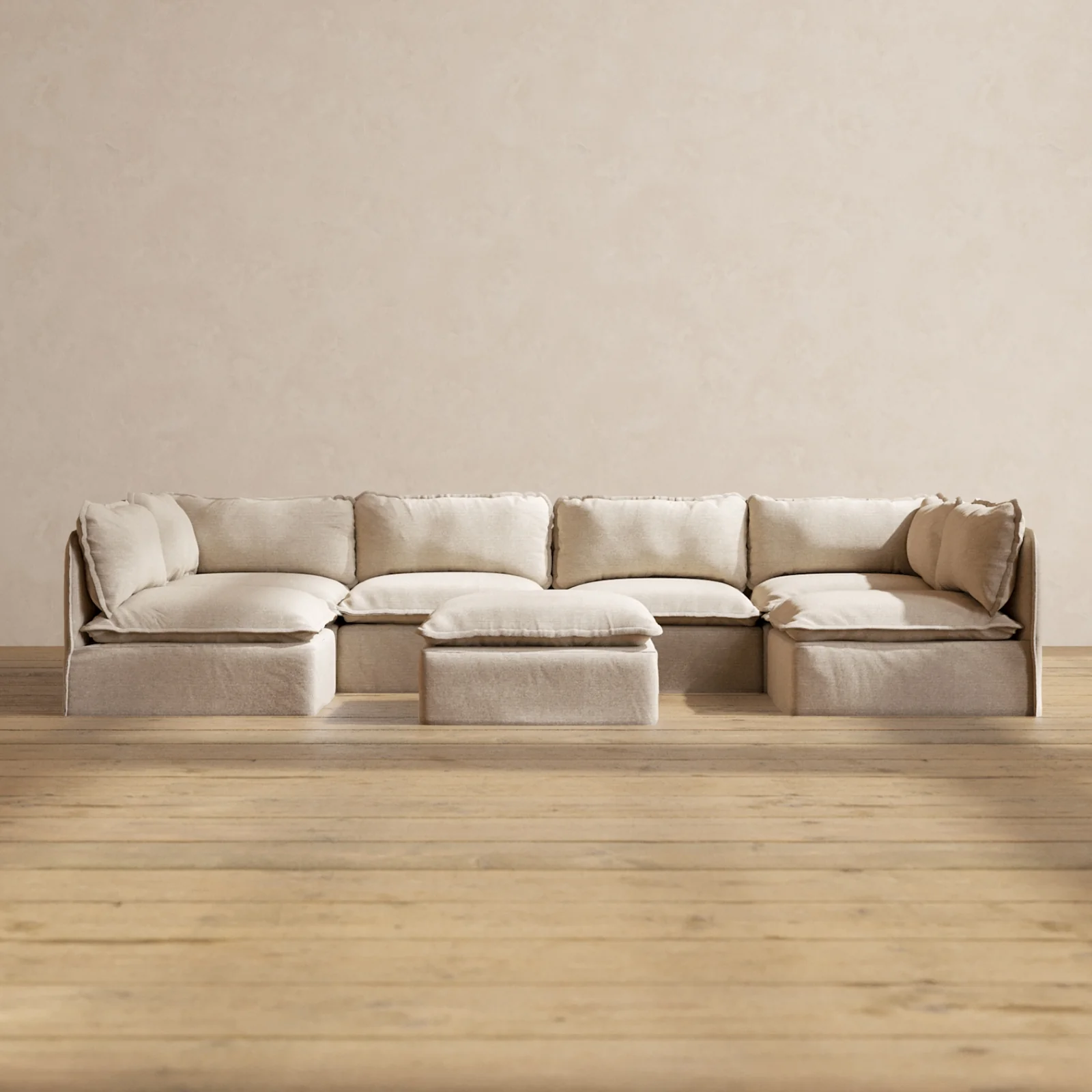Modular Washable 6-Seater Open-Ends U-Sectional + Ottoman in Oat | Memorix+ Seat | Contour Pillow