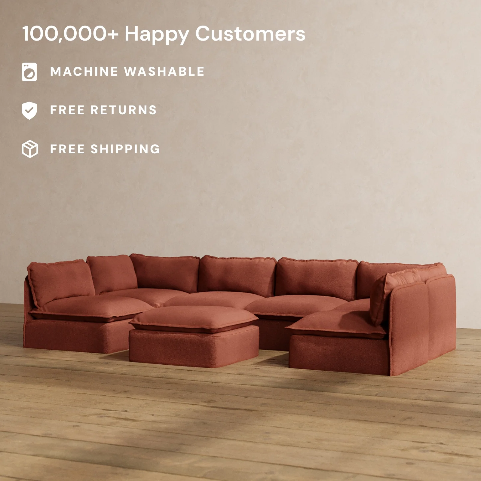 Modular Washable 6-Seater Open-Ends U-Sectional + Ottoman in Rust | Deluxe+ Seat | Cloud Pillow - Image 2