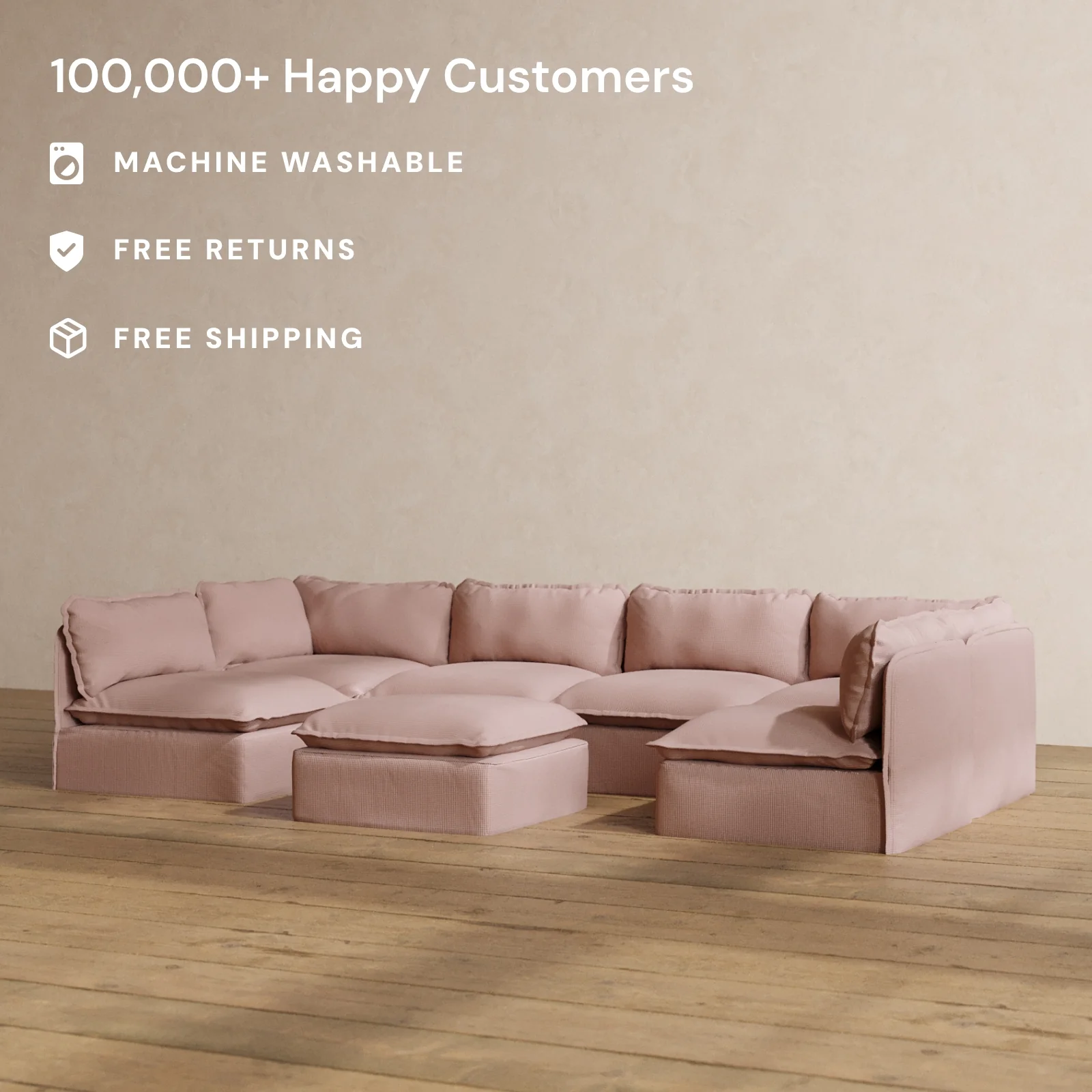 Modular Washable 6-Seater Open-Ends U-Sectional + Ottoman in Sakura | Deluxe+ Seat | Cloud Pillow - Image 2