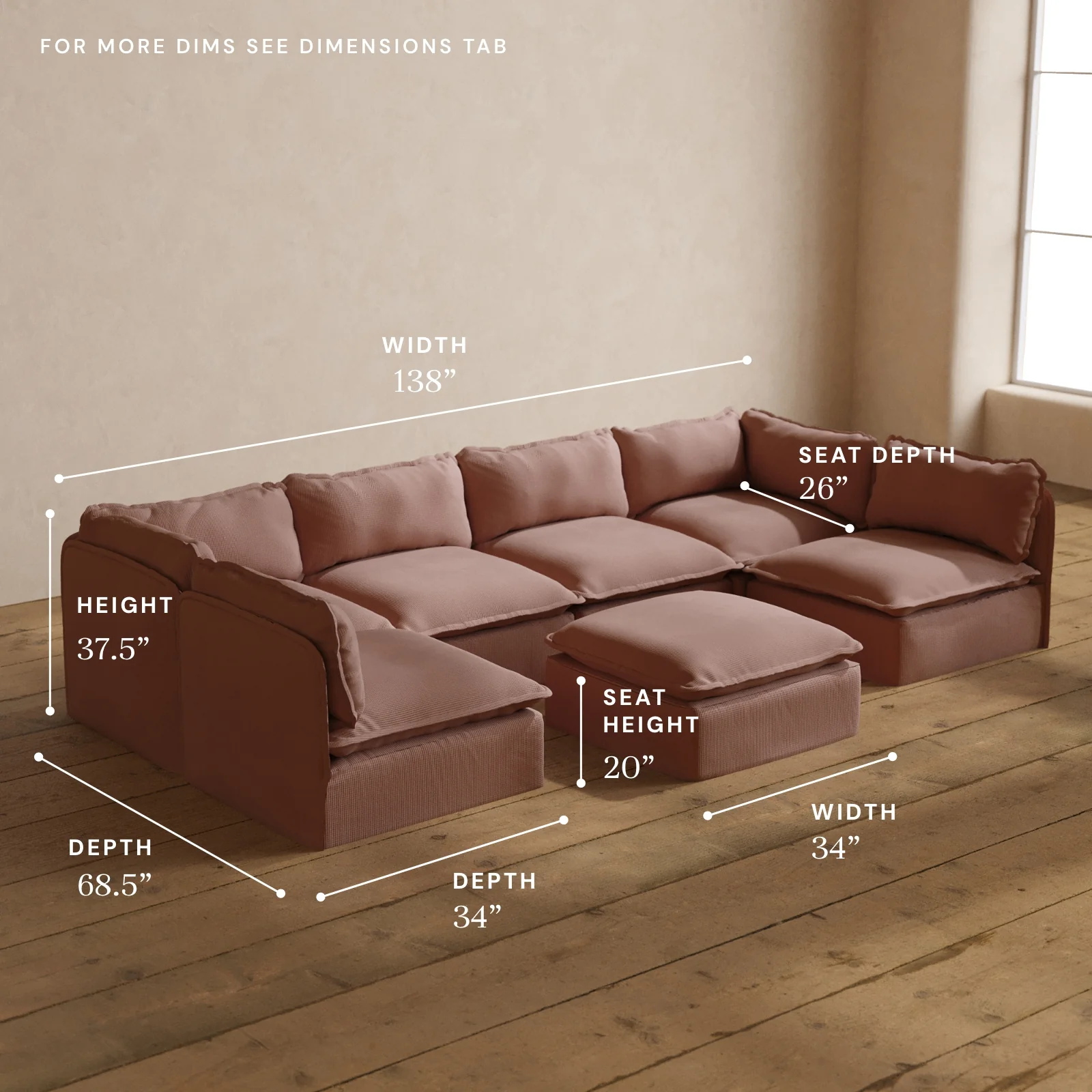 Modular Washable 6-Seater Open-Ends U-Sectional + Ottoman in Sakura | Memorix+ Seat | Contour Pillow - Image 5